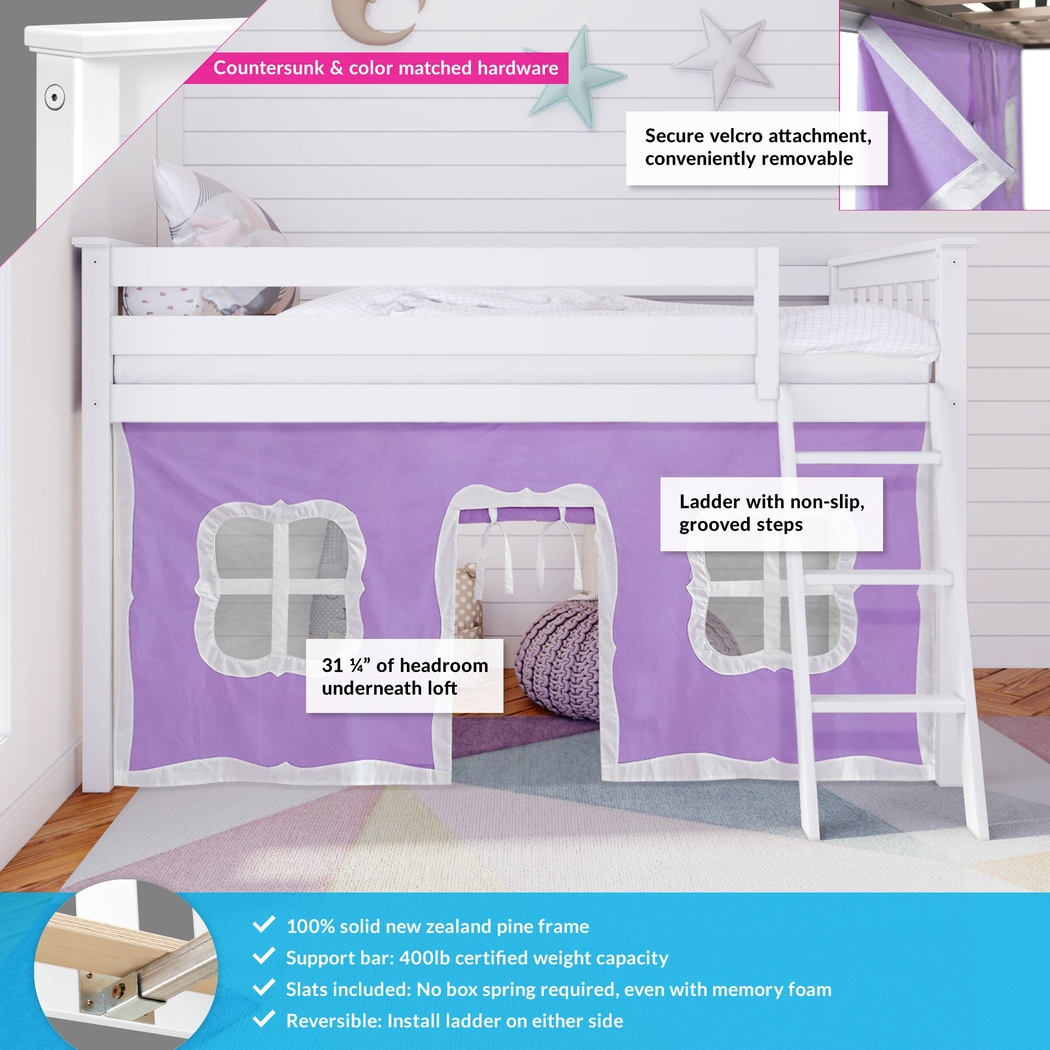 Kids Linnett White Twin Low Loft Bed with Purple Tent - Thumbnail - Image 3