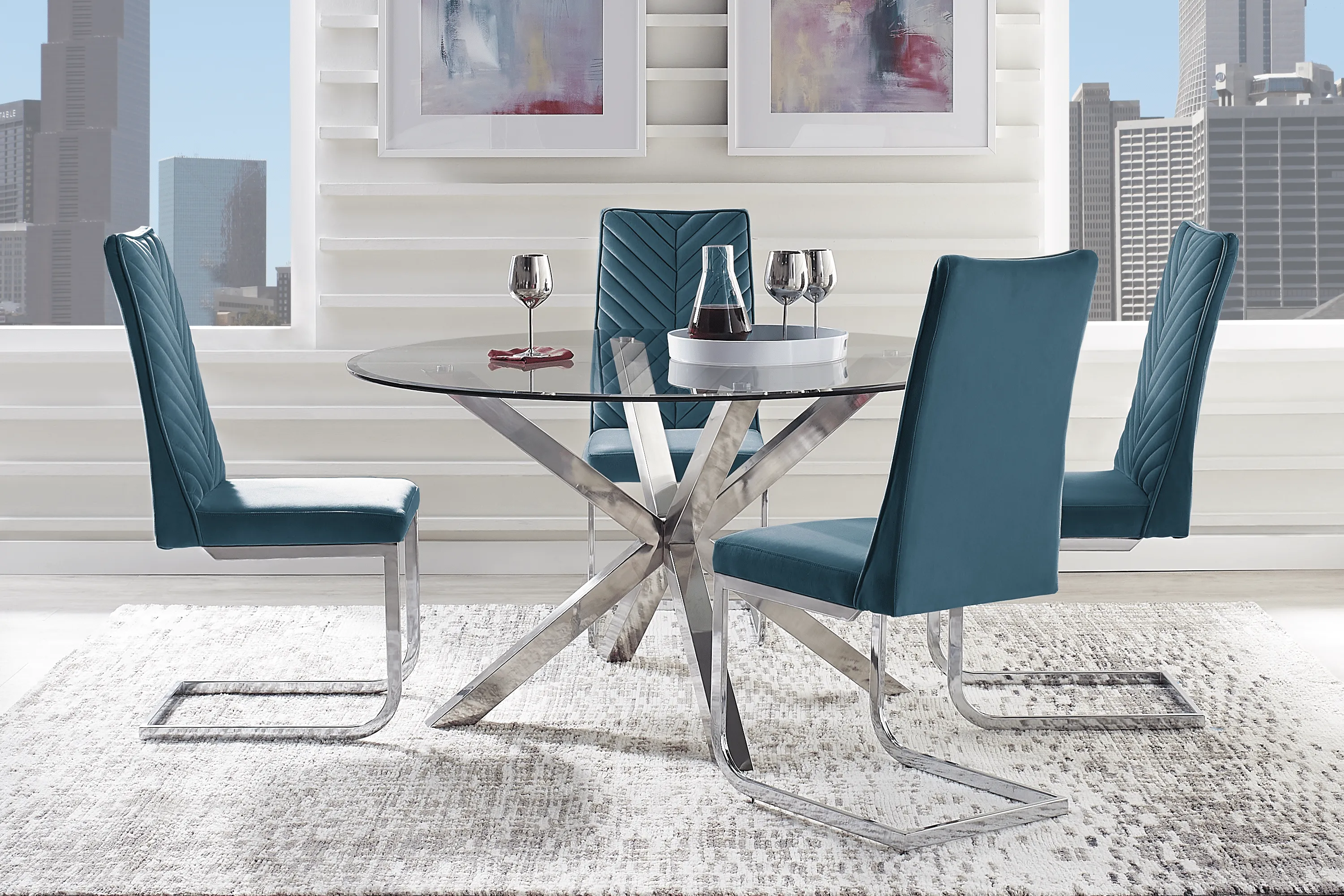 Linton Park Silver 5 Pc Round Dining Set with Blue Chairs - Thumbnail - Image 1