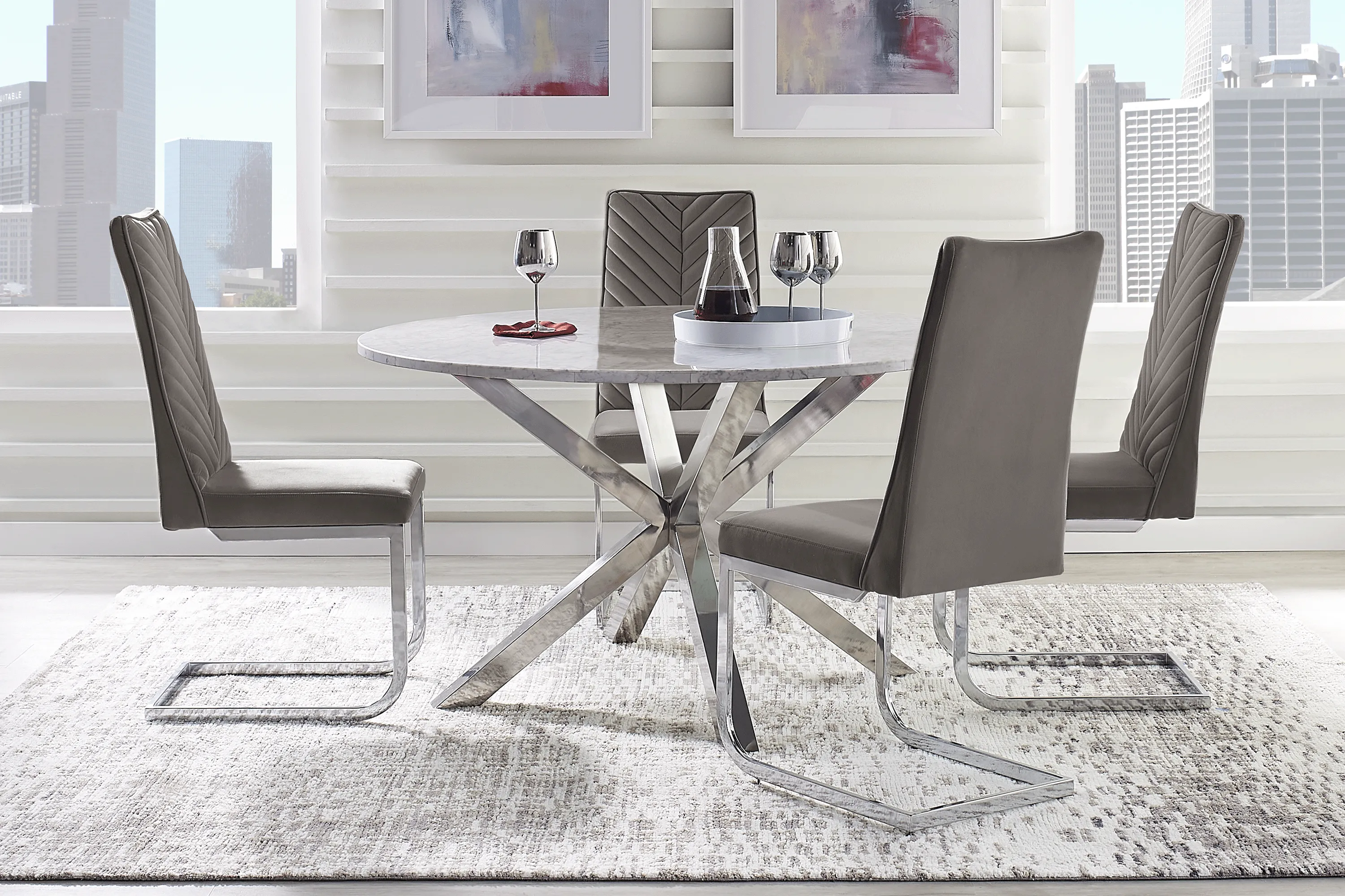 Linton Park Silver 5 Pc Round Marble Dining Set with Charcoal Chairs - Thumbnail - Image 1