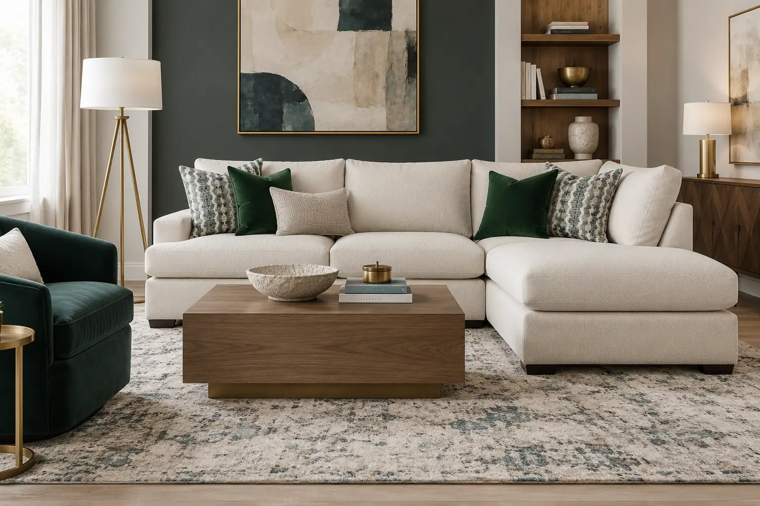A modern living room featuring a cream-colored sectional sofa, a wooden coffee table, and a dark green armchair.