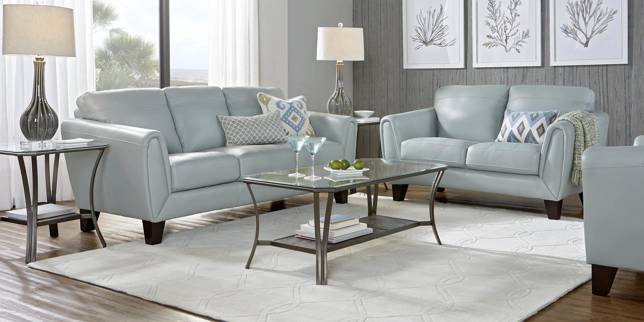 Livorno Aqua Leather 3 Pc Living Room - Thumbnail - Image 1