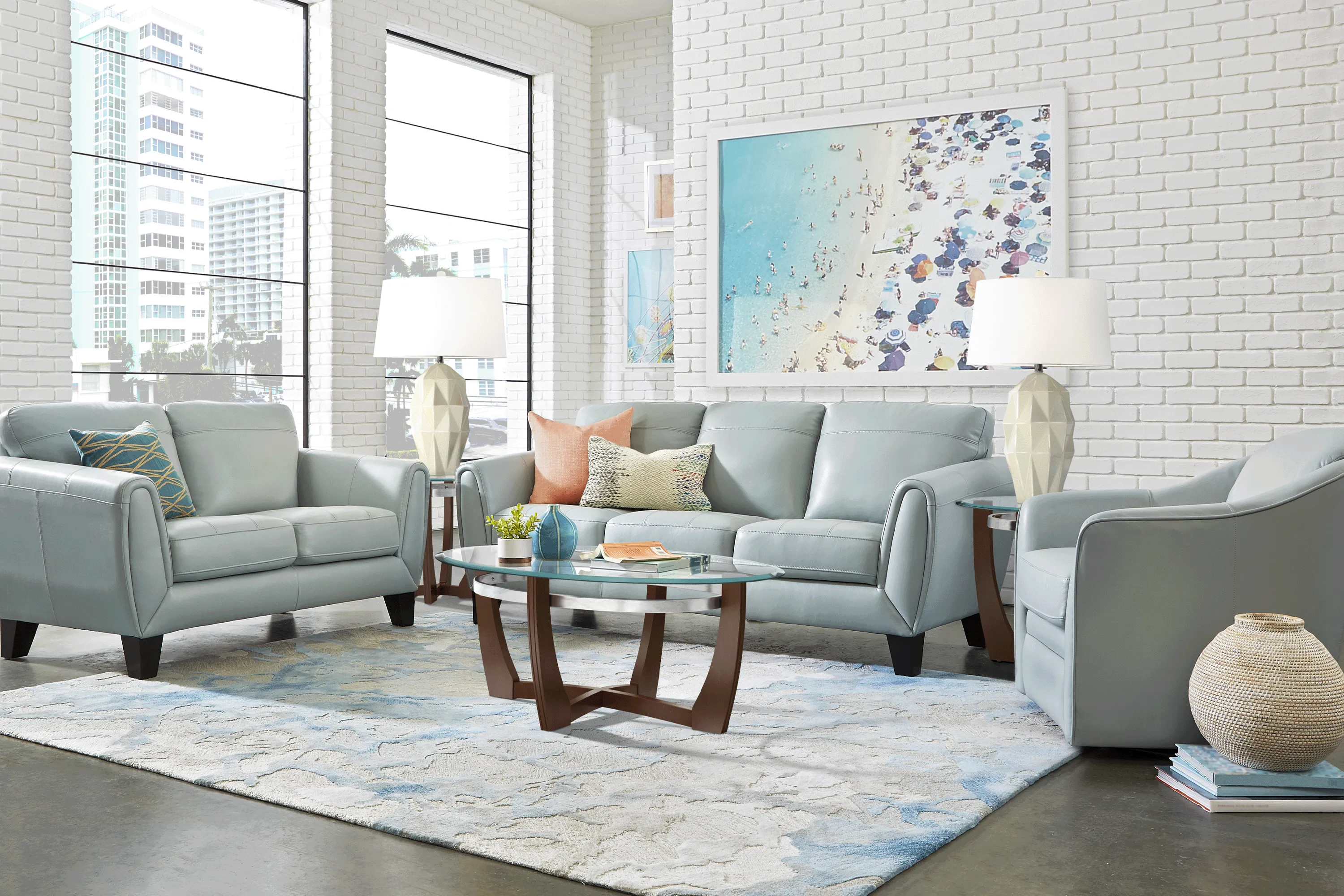 Livorno Lane Aqua Leather 3 Pc Living Room - Thumbnail - Image 1