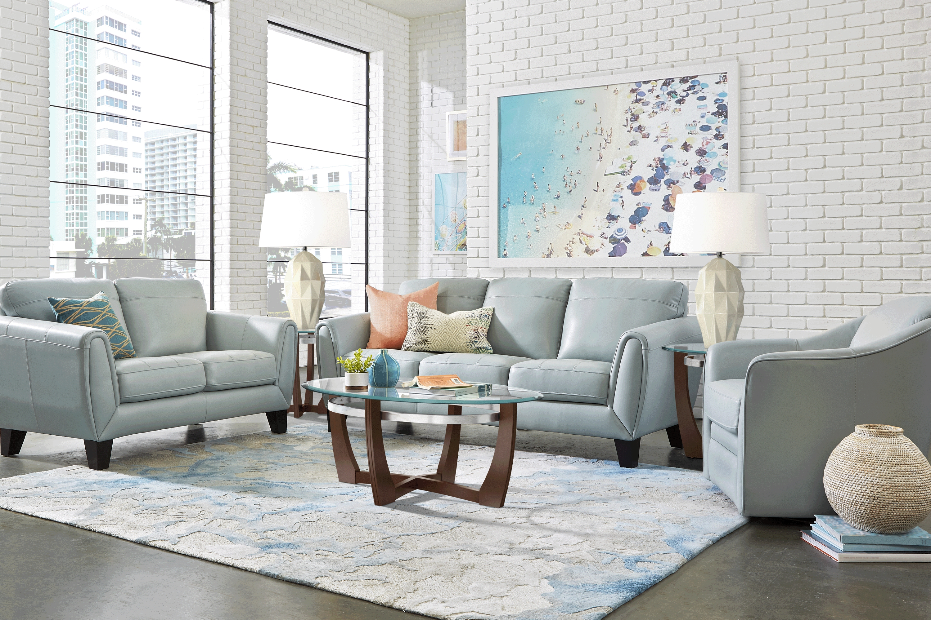 Livorno Lane Aqua Leather 5 Pc Living Room - Thumbnail - Image 1