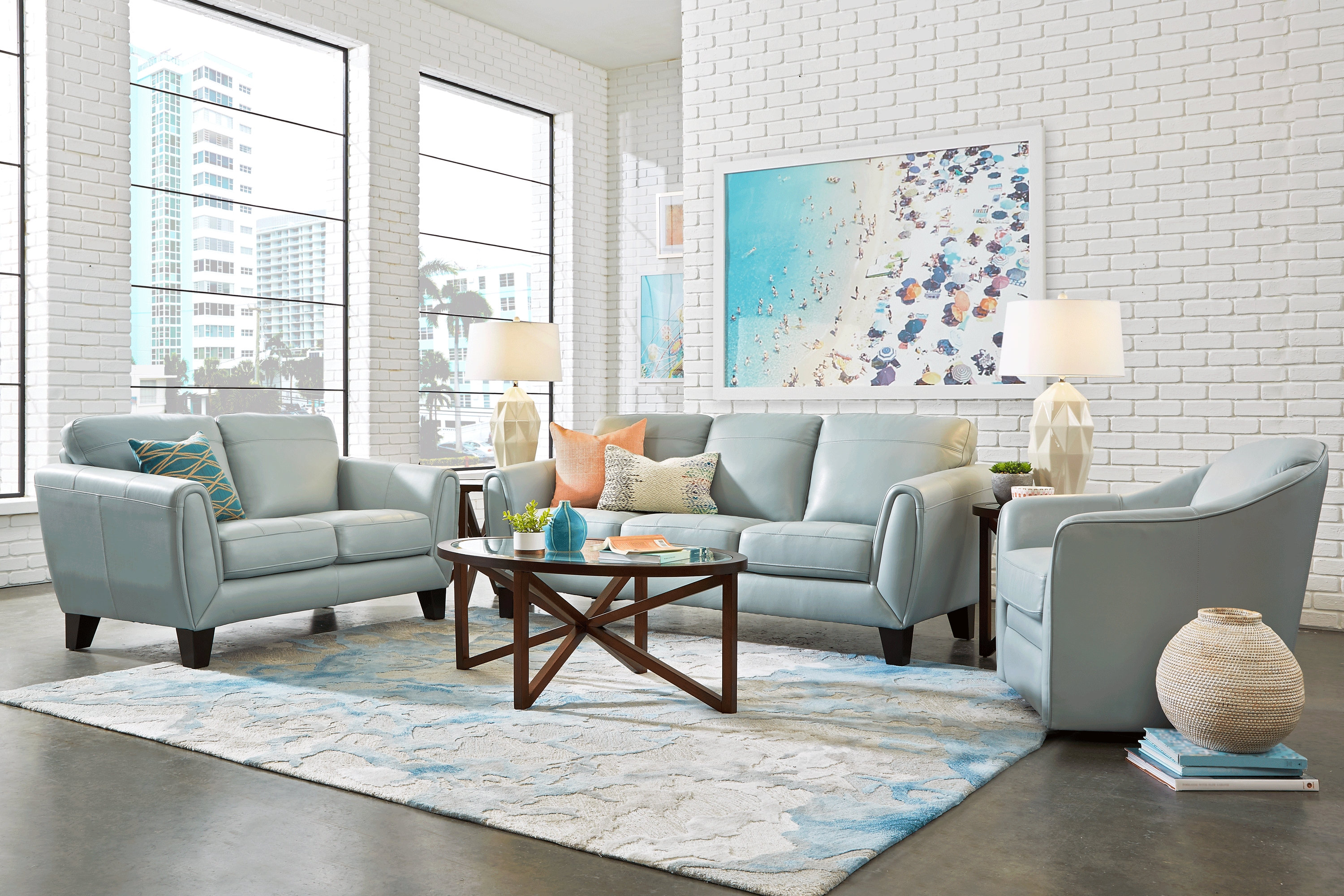 Livorno Lane Aqua Leather 7 Pc Living Room - Thumbnail - Image 1