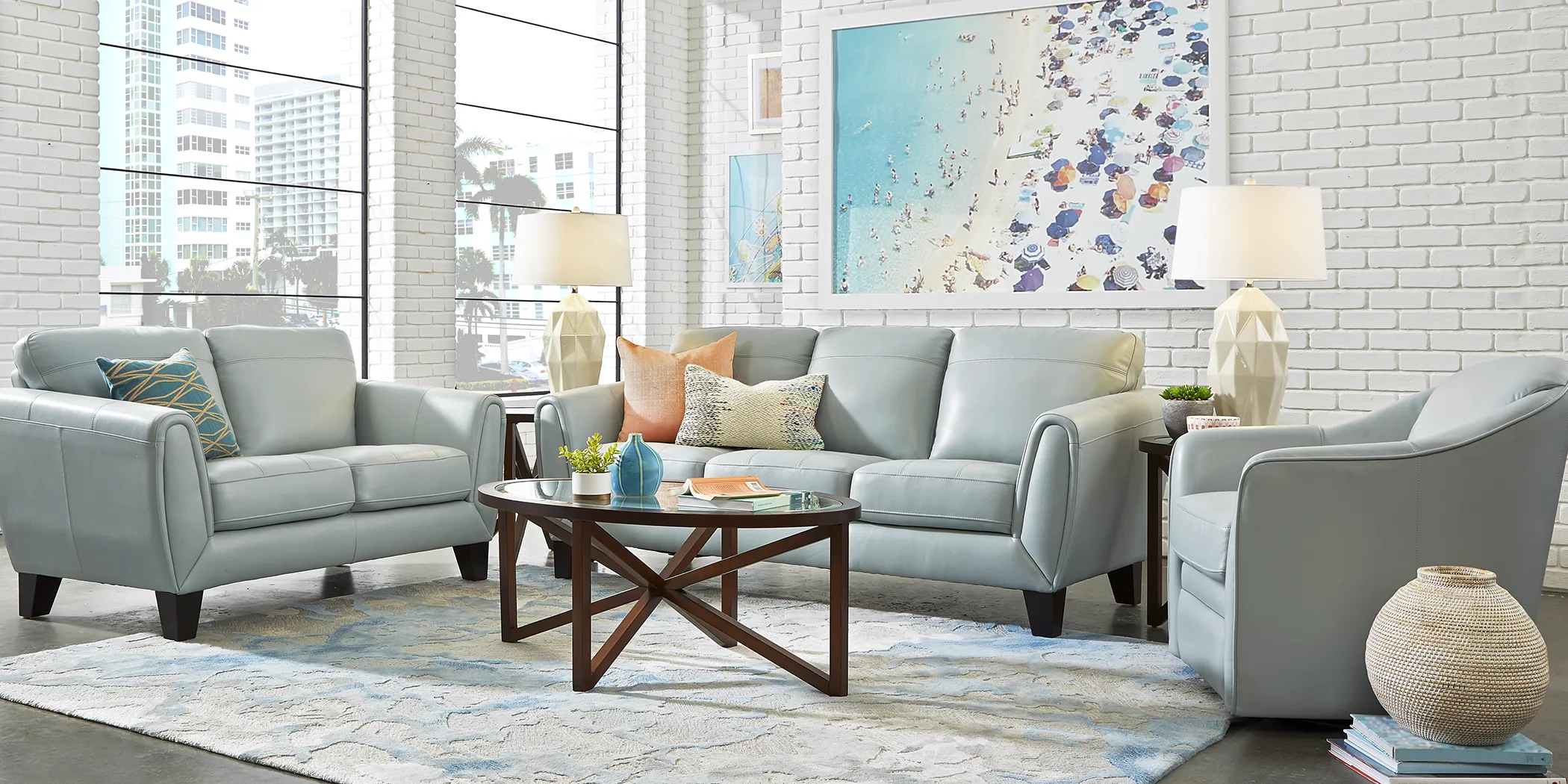 Livorno Lane Aqua Leather 8 Pc Living Room - Thumbnail - Image 1