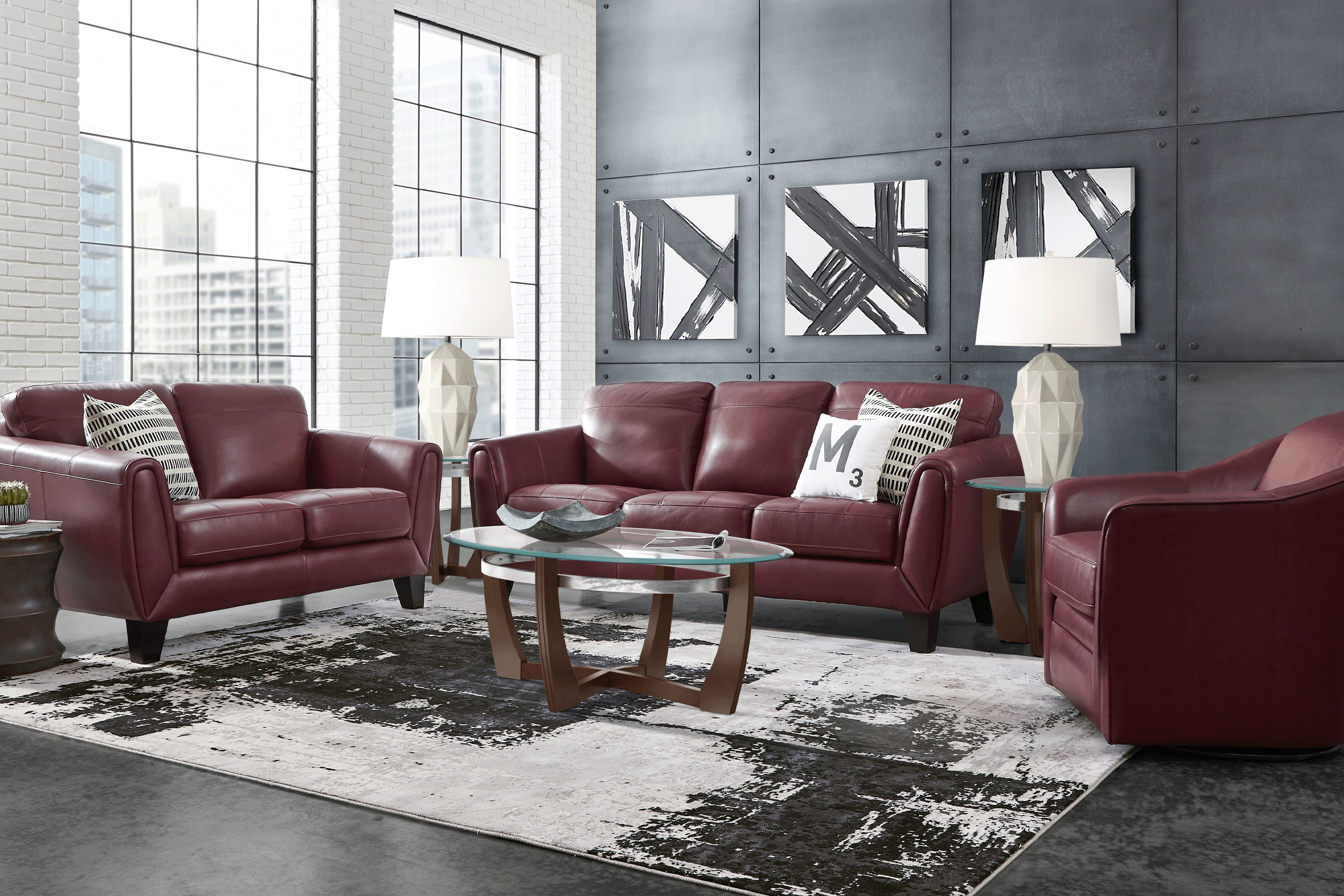 Livorno Lane Red Leather 3 Pc Living Room - Thumbnail - Image 1