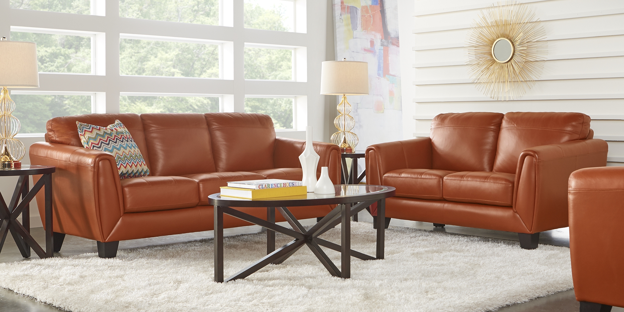 Livorno Papaya Leather 5 Pc Living Room - Thumbnail - Image 1