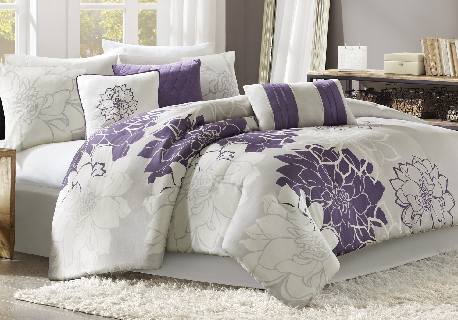 Lola Gray/Purple 7 Pc Queen Comforter Set - Thumbnail - Image 1