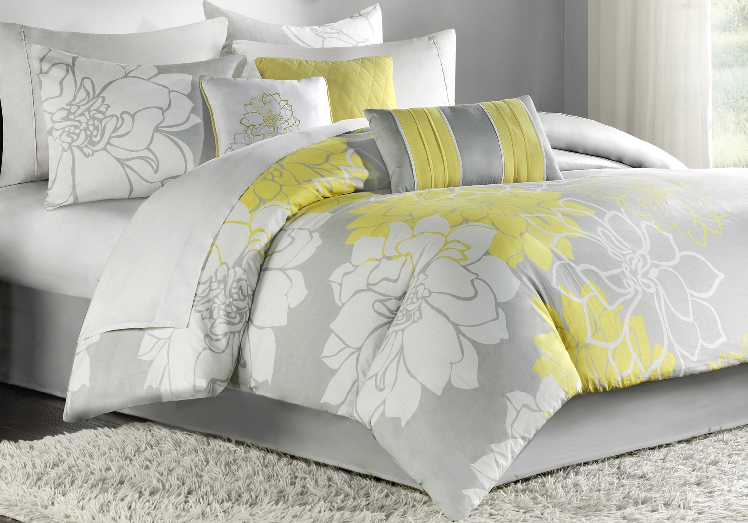 Lola Gray/Yellow 7 Pc Queen Comforter Set - Thumbnail - Image 1