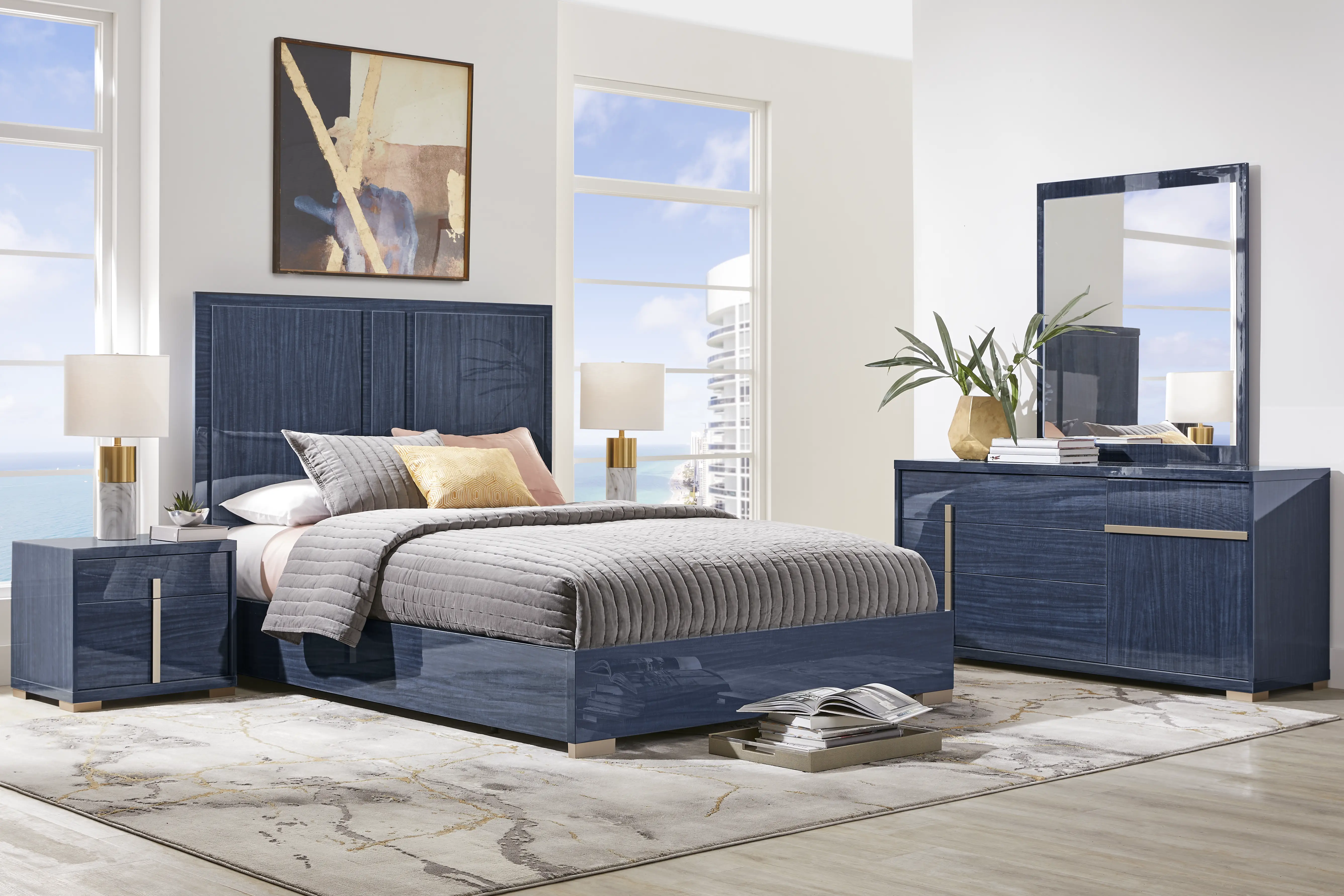 Luxe Point Blue 3 Pc Queen Panel Bed - Thumbnail - Image 2