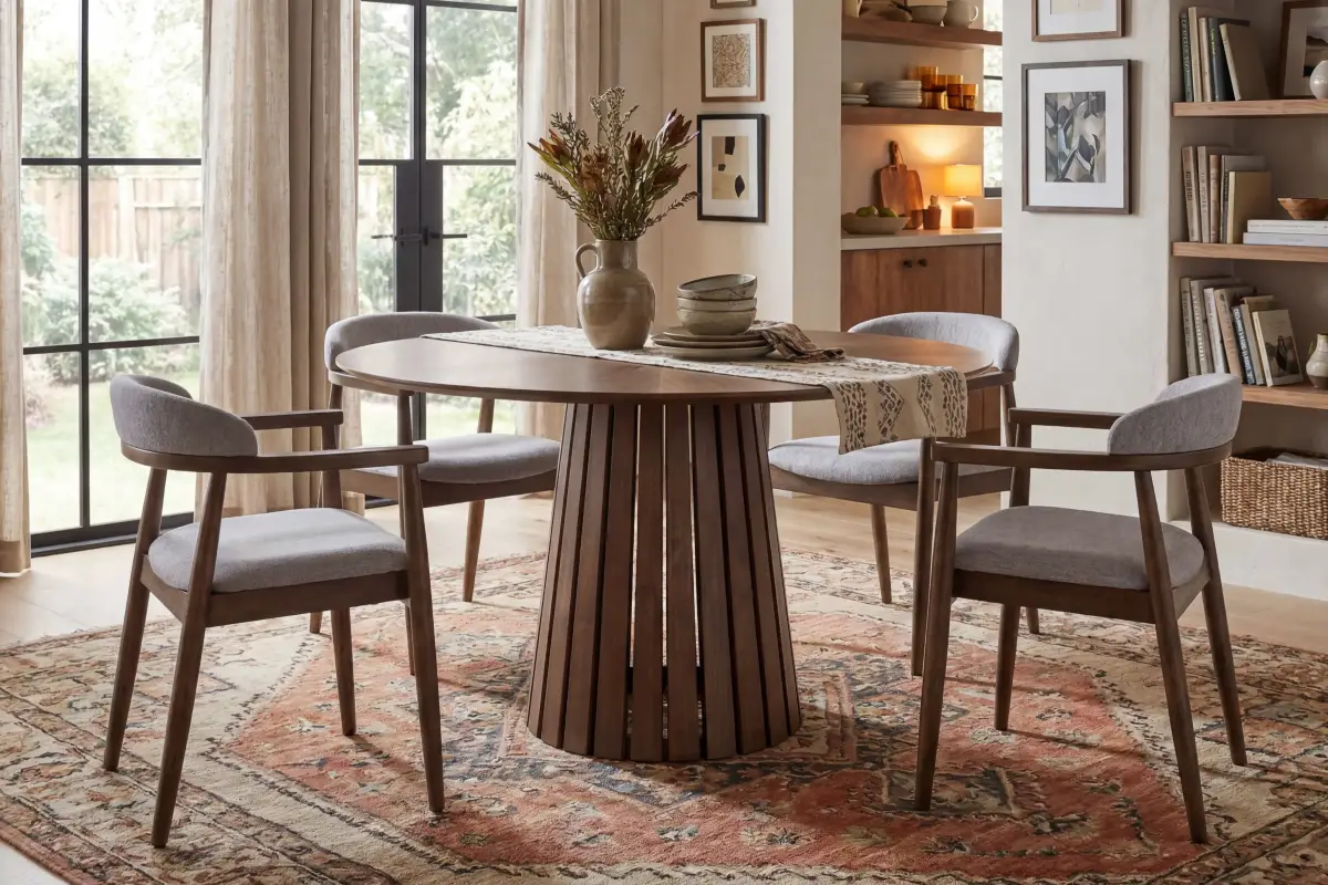 A round wooden dining table with a slatted pedestal base, surrounded by four grey upholstered armchairs on a patterned rug.