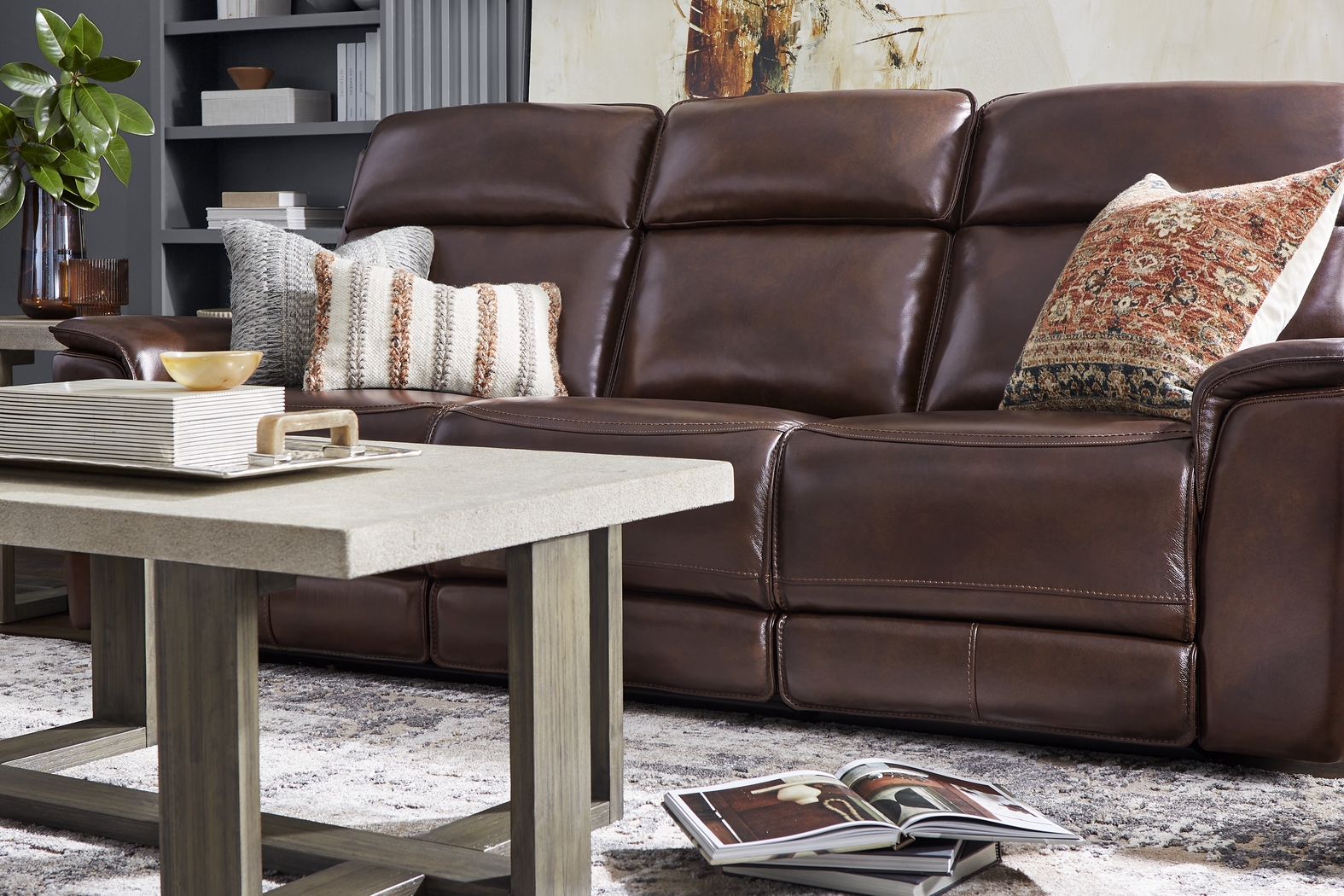 Magellan Merlot Leather 5 Pc Reclining Living Room with Dual Power Reclining Sofa - Thumbnail - Image 7