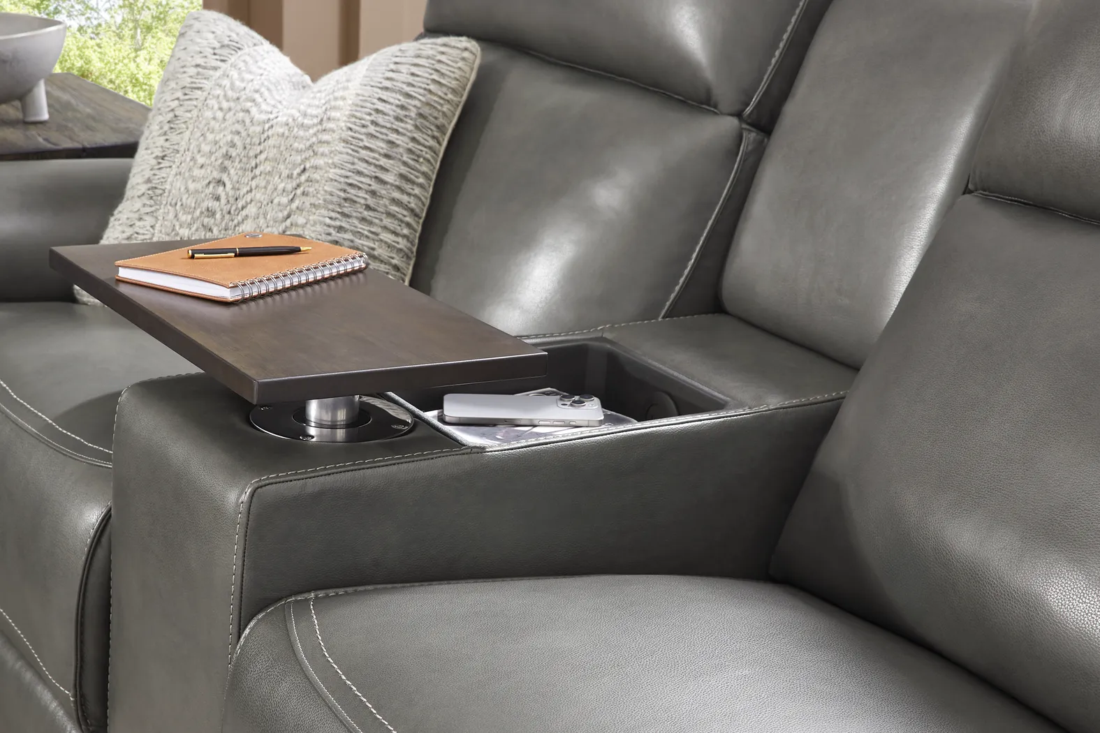 Magellan Smoke Leather Dual Power Reclining Console Loveseat - Image 5