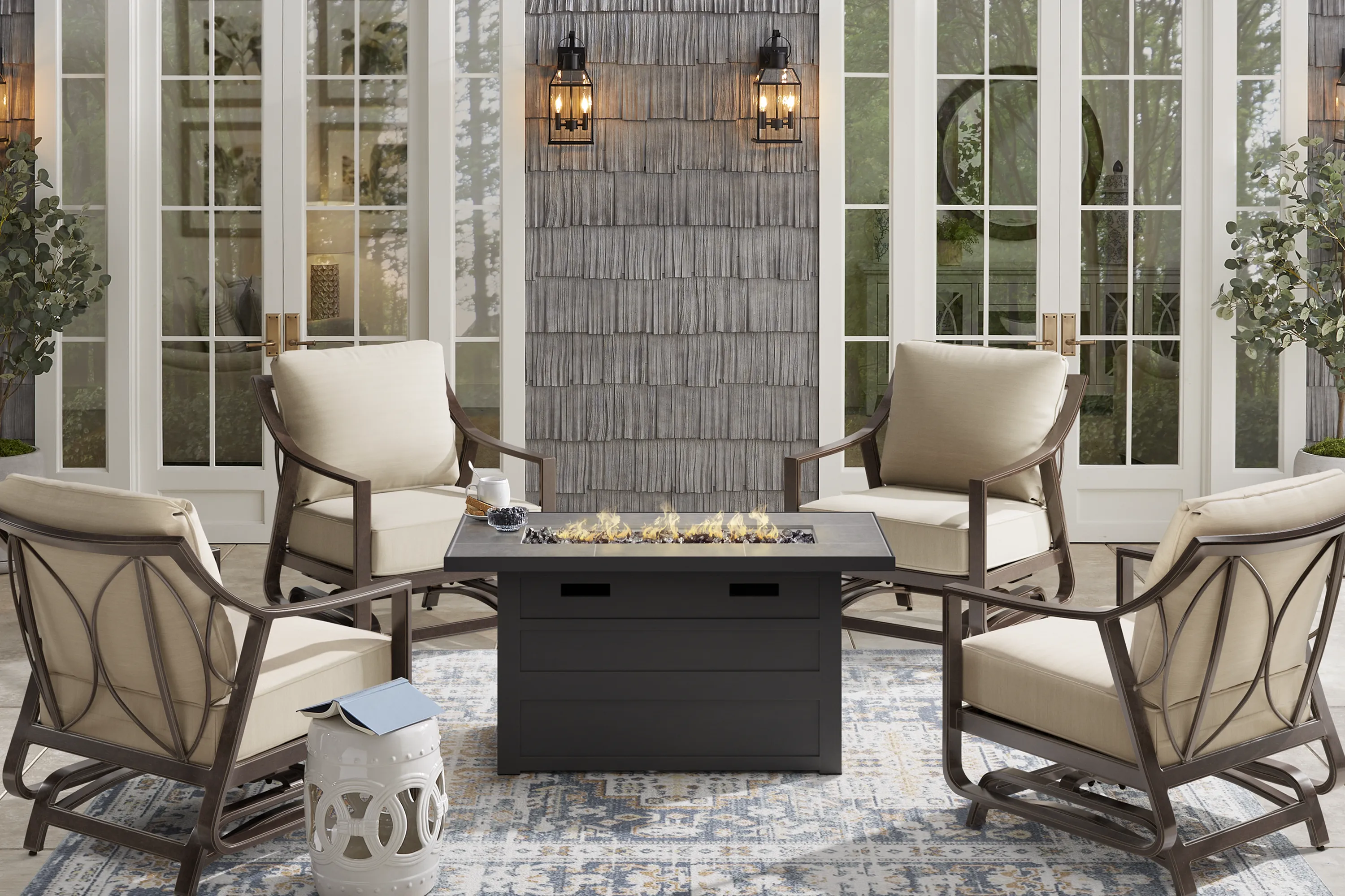 Manchester Hill Antique Bronze 5 Pc Outdoor Rectangle Fire Pit Seating Set with Rocker Chairs - Thumbnail - Image 1