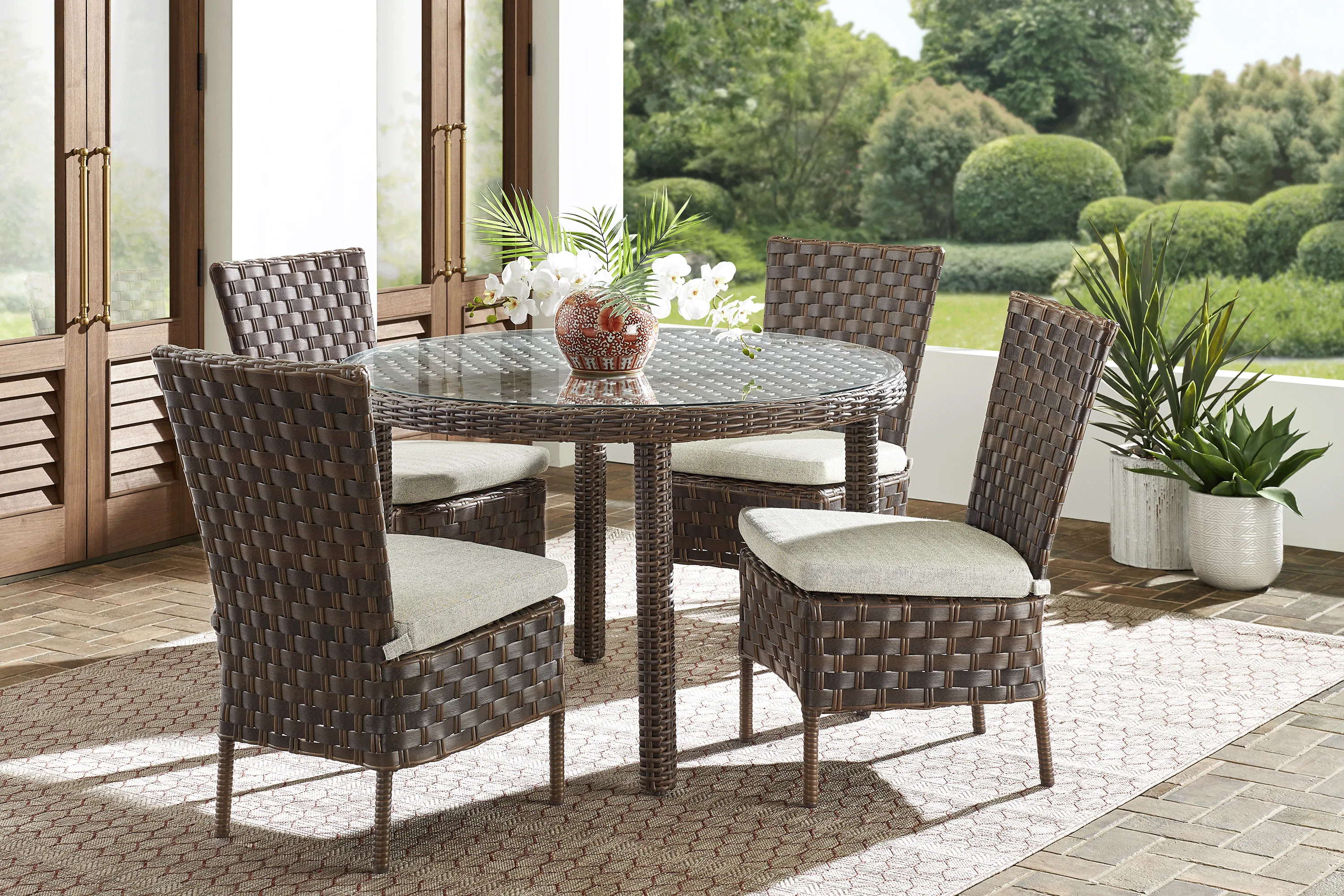 Mantra Brown 5 Pc Round Outdoor Dining Set with Ash Cushions - Thumbnail - Image 1