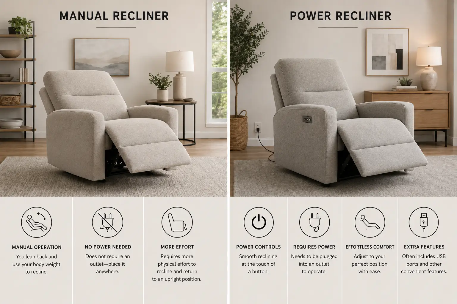 Comparison of manual and power recliners, highlighting their operation, power requirements, effort, and extra features.