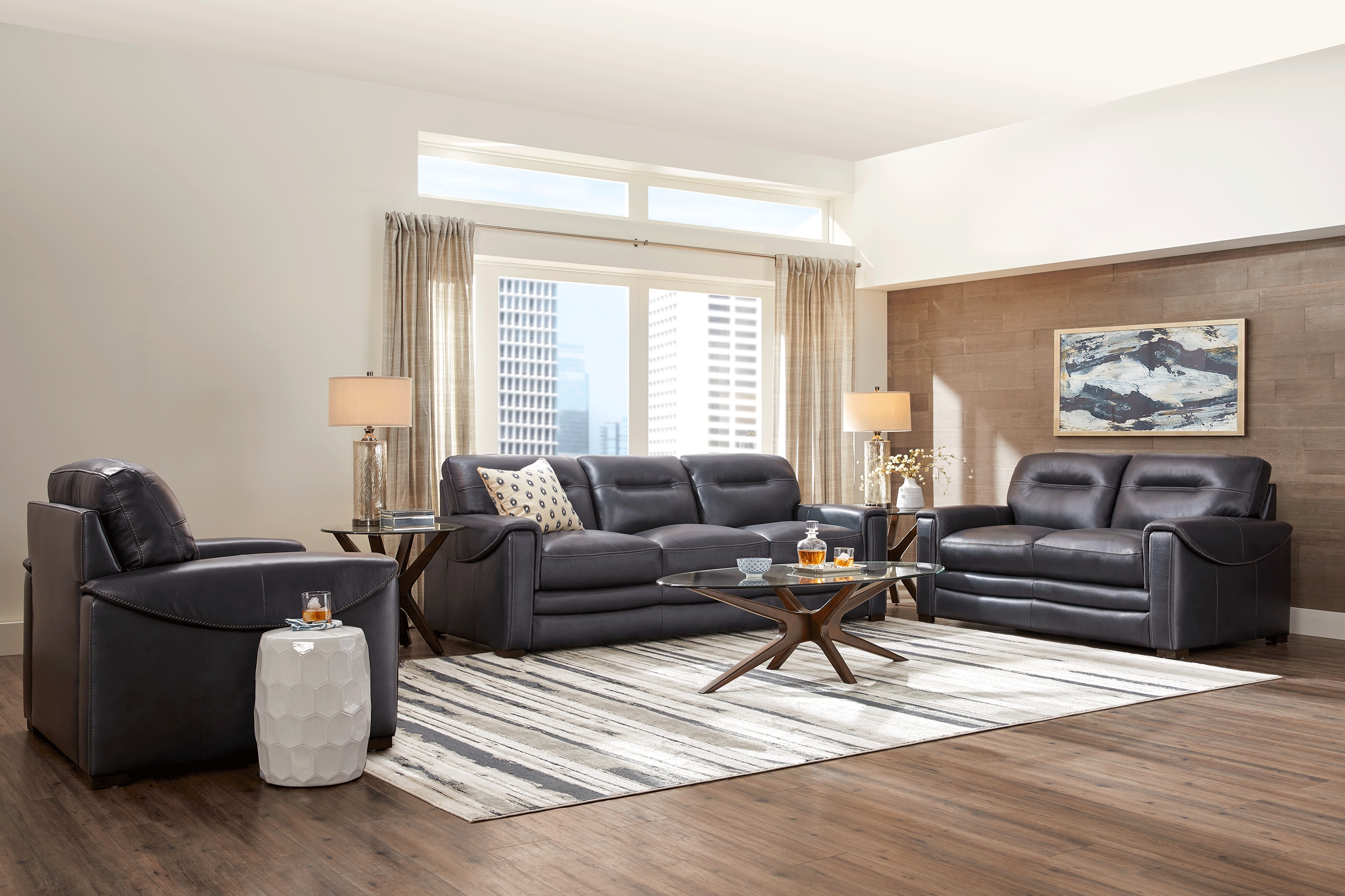 Margallo Blue Leather 3 Pc Living Room - Thumbnail - Image 1