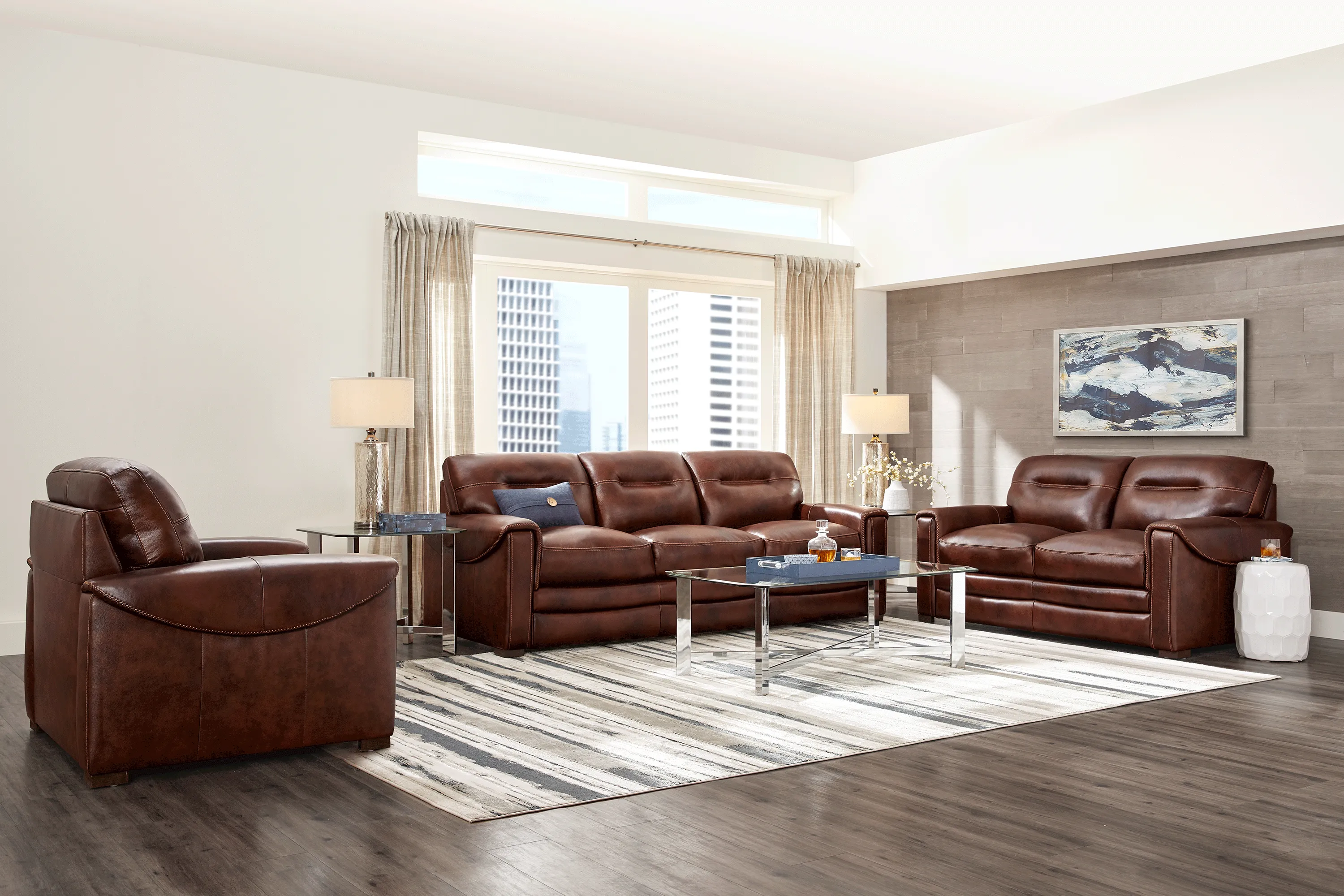 Margallo Brown Leather 3 Pc Living Room - Thumbnail - Image 1