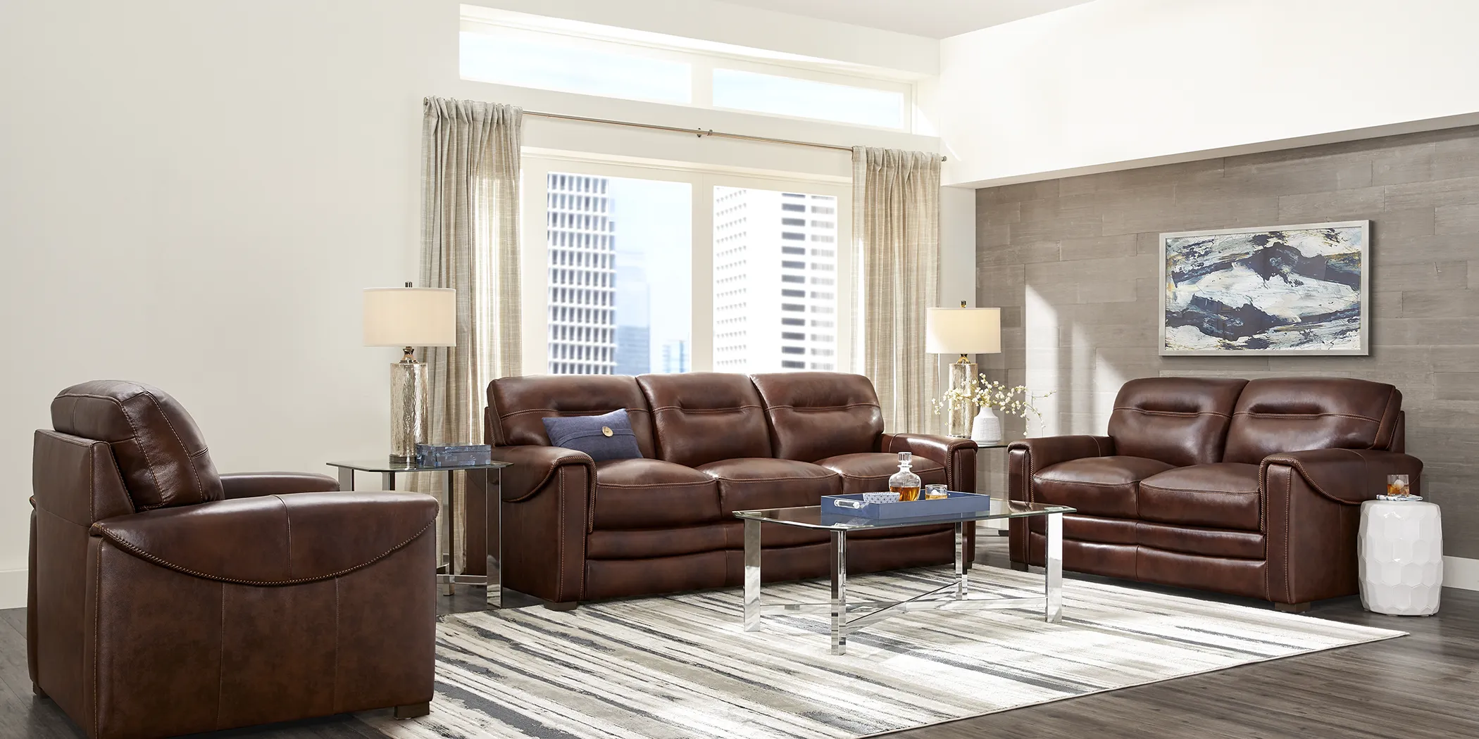 Margallo Brown Leather 7 Pc Living Room - Thumbnail - Image 1