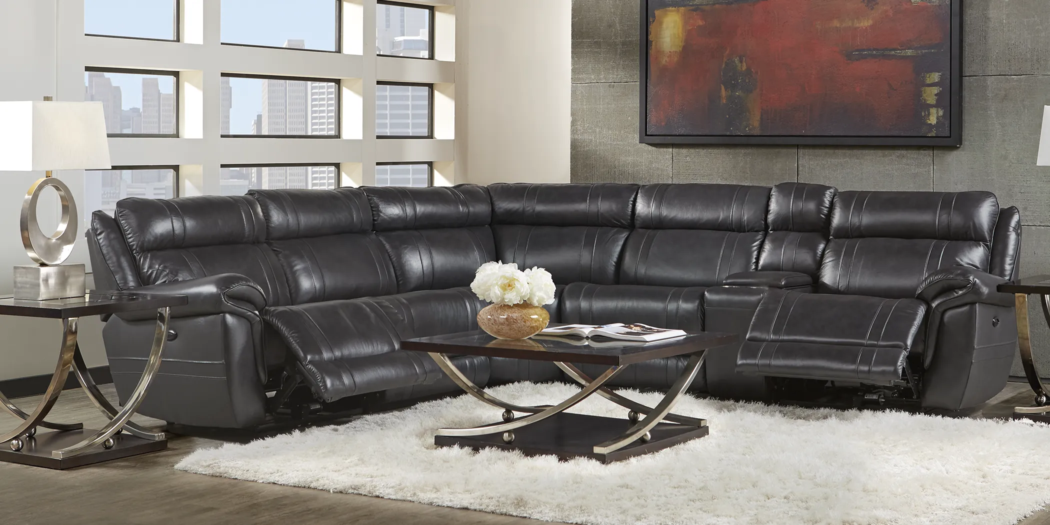Martino Black 10 Pc Leather Power Reclining Sectional Living Room Plus HDTV - Thumbnail - Image 1