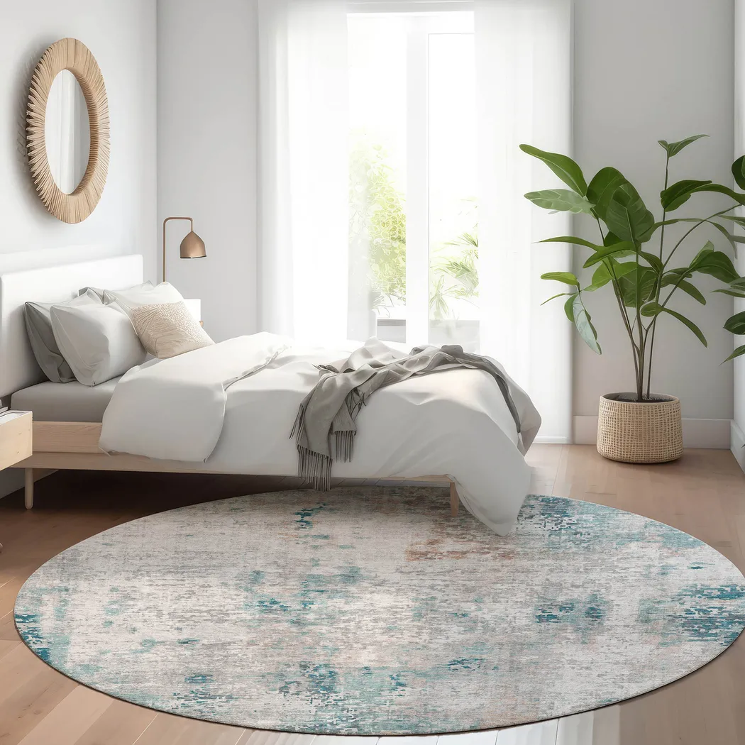 Memva Teal 8' Round Machine Washable Rug - Thumbnail - Image 2