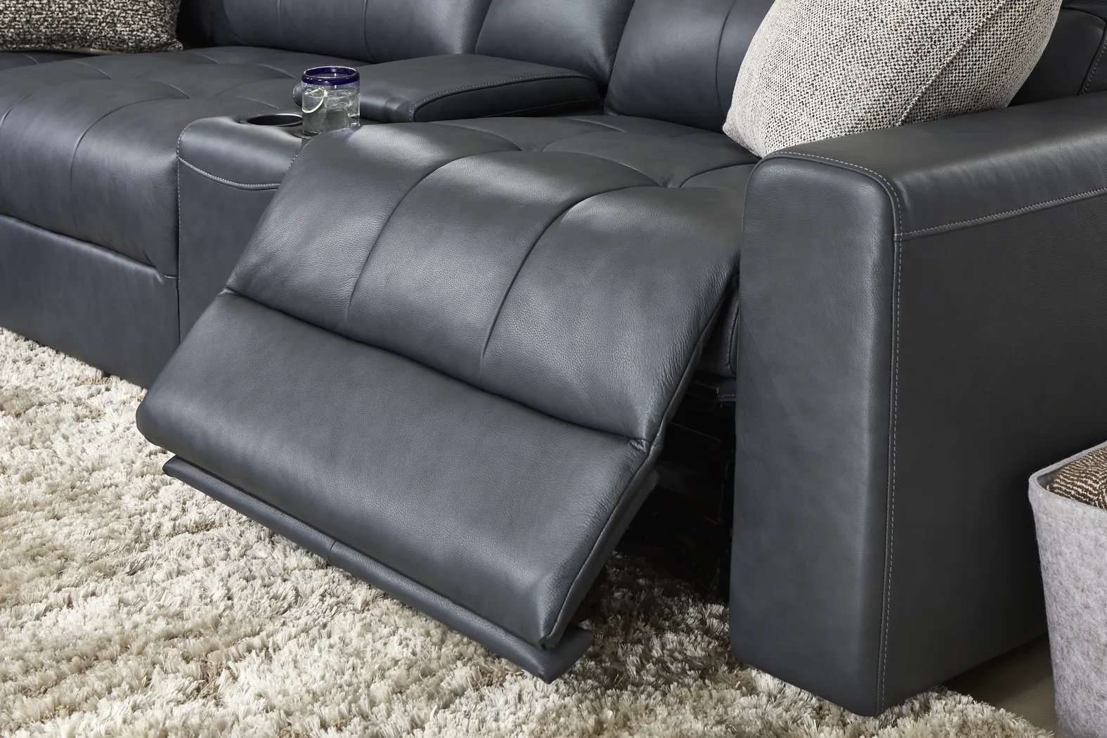 Meriwether Slate Blue Leather 3 Pc Power Slider Sectional - Image 4