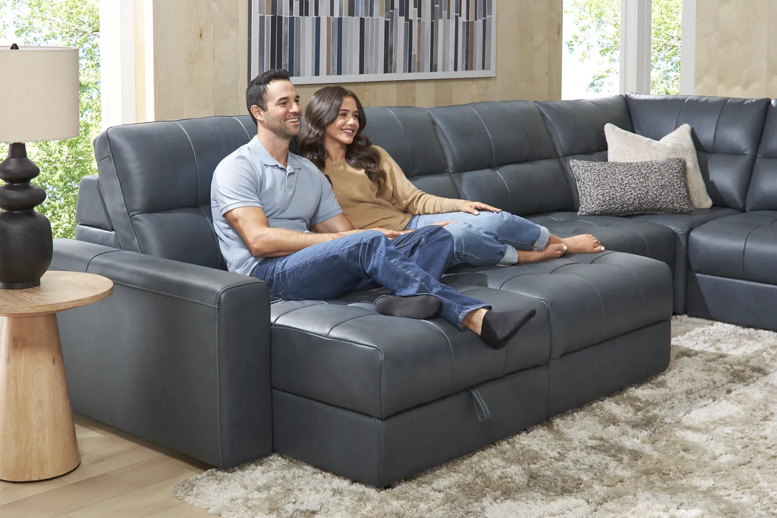 Meriwether Slate Blue Leather 6 Pc Power Slider Sectional - Image 4