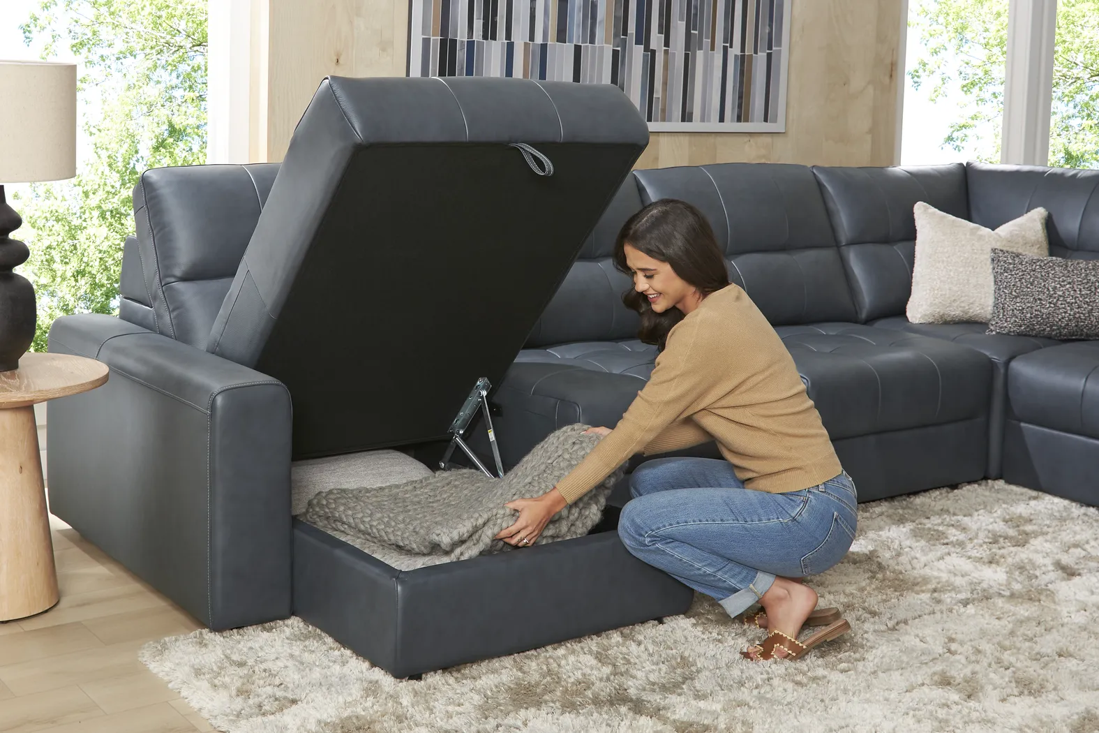 Meriwether Slate Blue Leather 7 Pc Power Slider Sectional - Thumbnail - Image 4