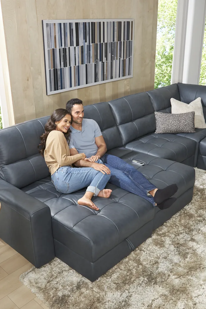 Meriwether Slate Blue Leather 6 Pc Power Slider Sectional - Image 8