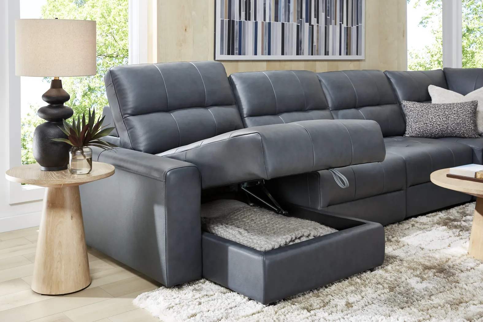 Meriwether Slate Blue Leather 3 Pc Power Slider Sectional - Thumbnail - Image 3