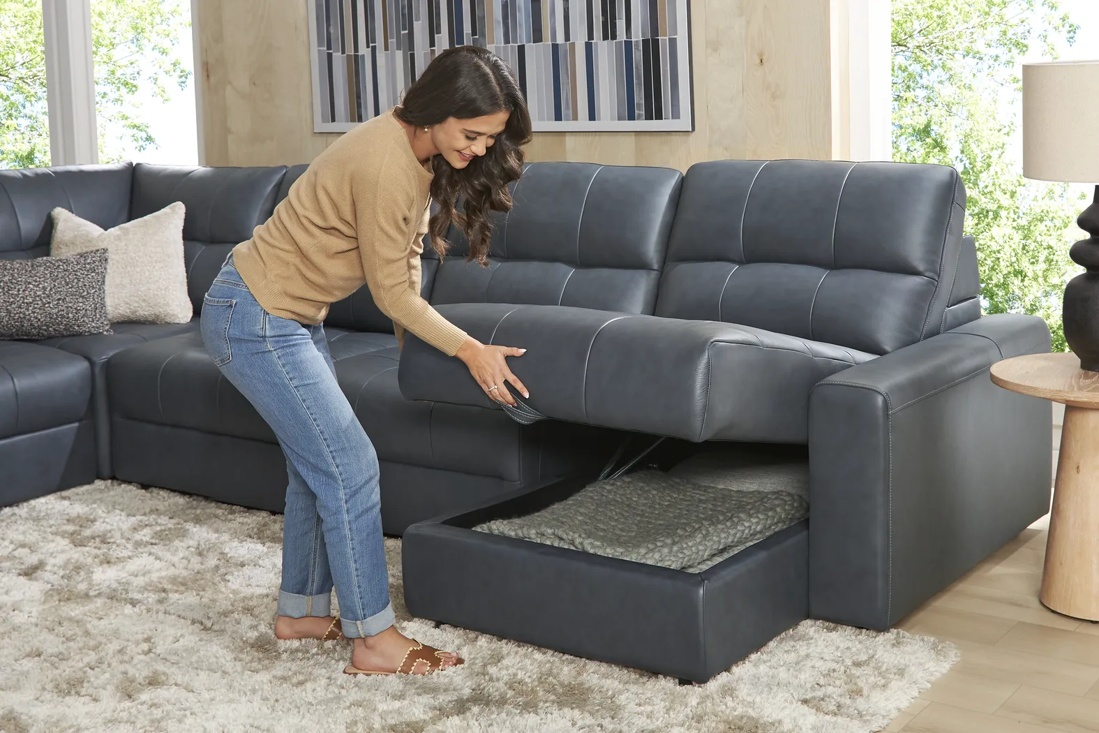 Meriwether Slate Blue Leather 6 Pc Power Slider Sectional - Image 3
