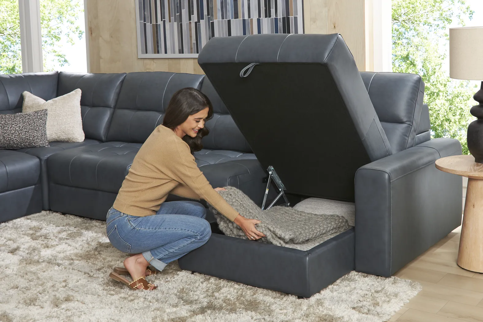 Meriwether Slate Blue Leather 3 Pc Power Slider Sectional - Image 5