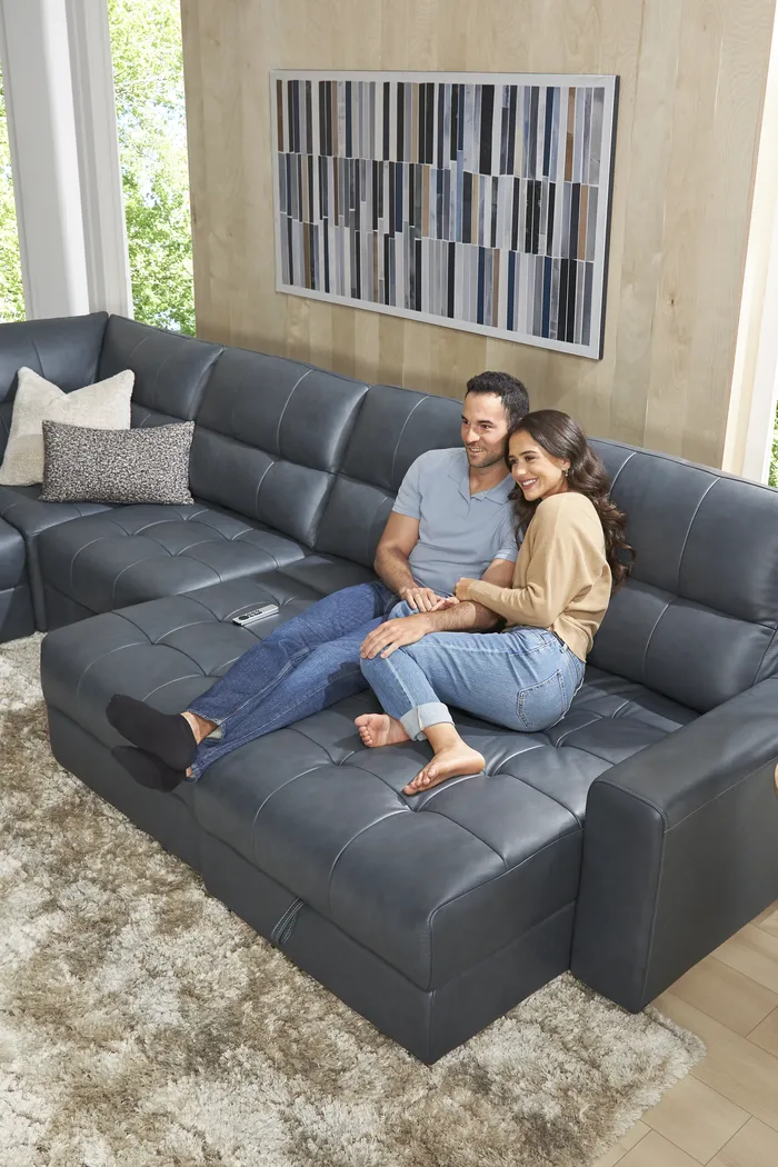 Meriwether Slate Blue Leather 6 Pc Power Slider Sectional - Image 7