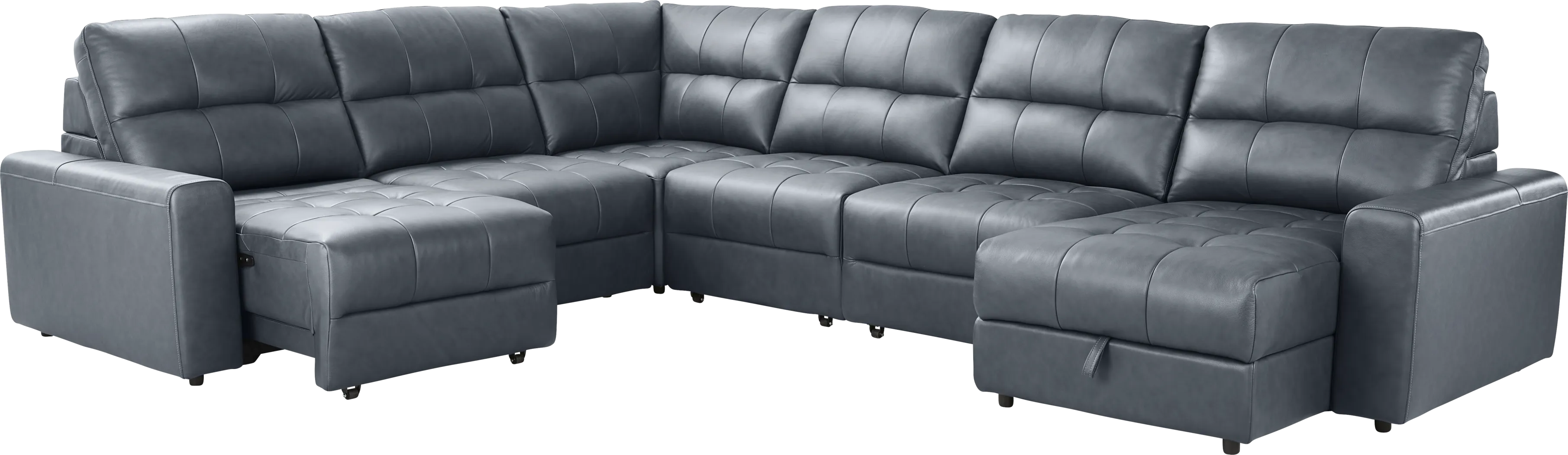 Meriwether Slate Blue Leather 6 Pc Power Slider Sectional - Thumbnail - Image 1