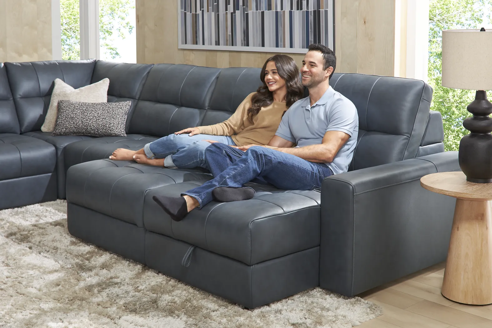 Meriwether Slate Blue Leather 7 Pc Power Slider Sectional - Image 3