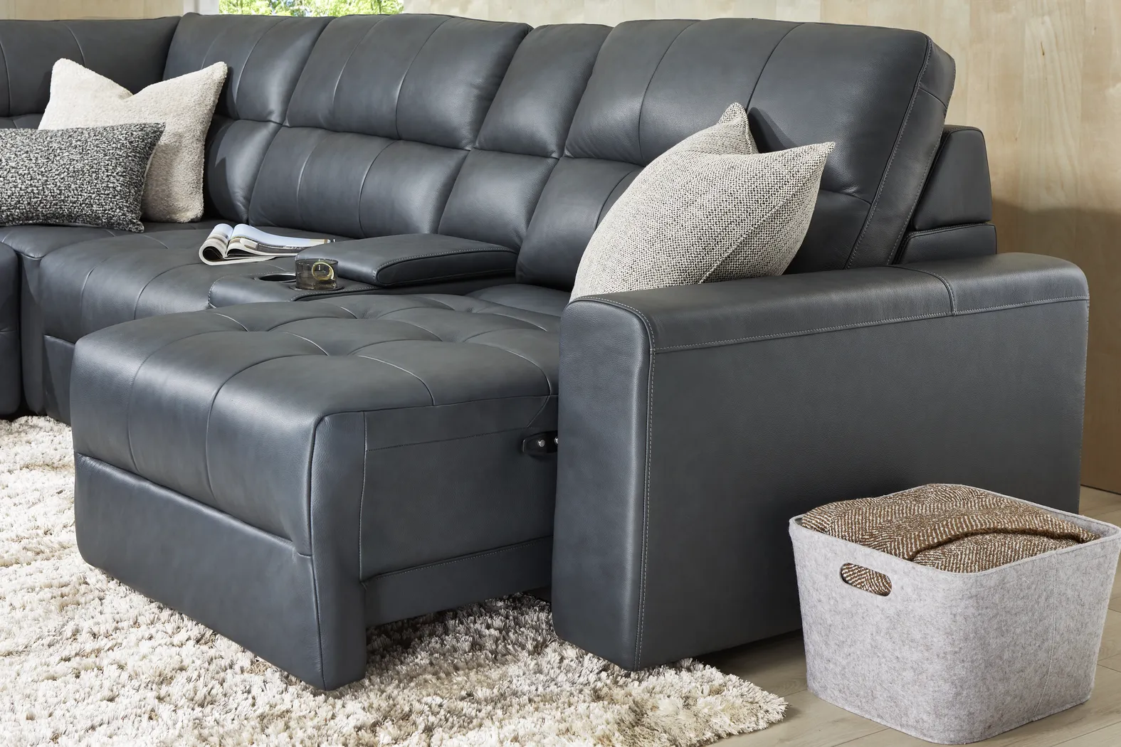 Meriwether Slate Blue Leather 7 Pc Power Slider Sectional - Image 8