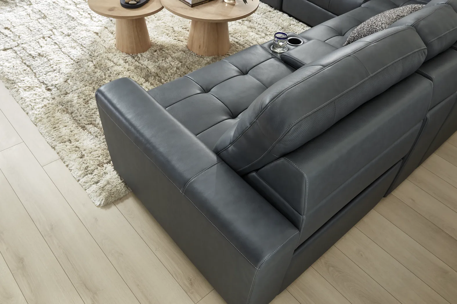 Meriwether Slate Blue Leather 7 Pc Power Slider Sectional - Image 9