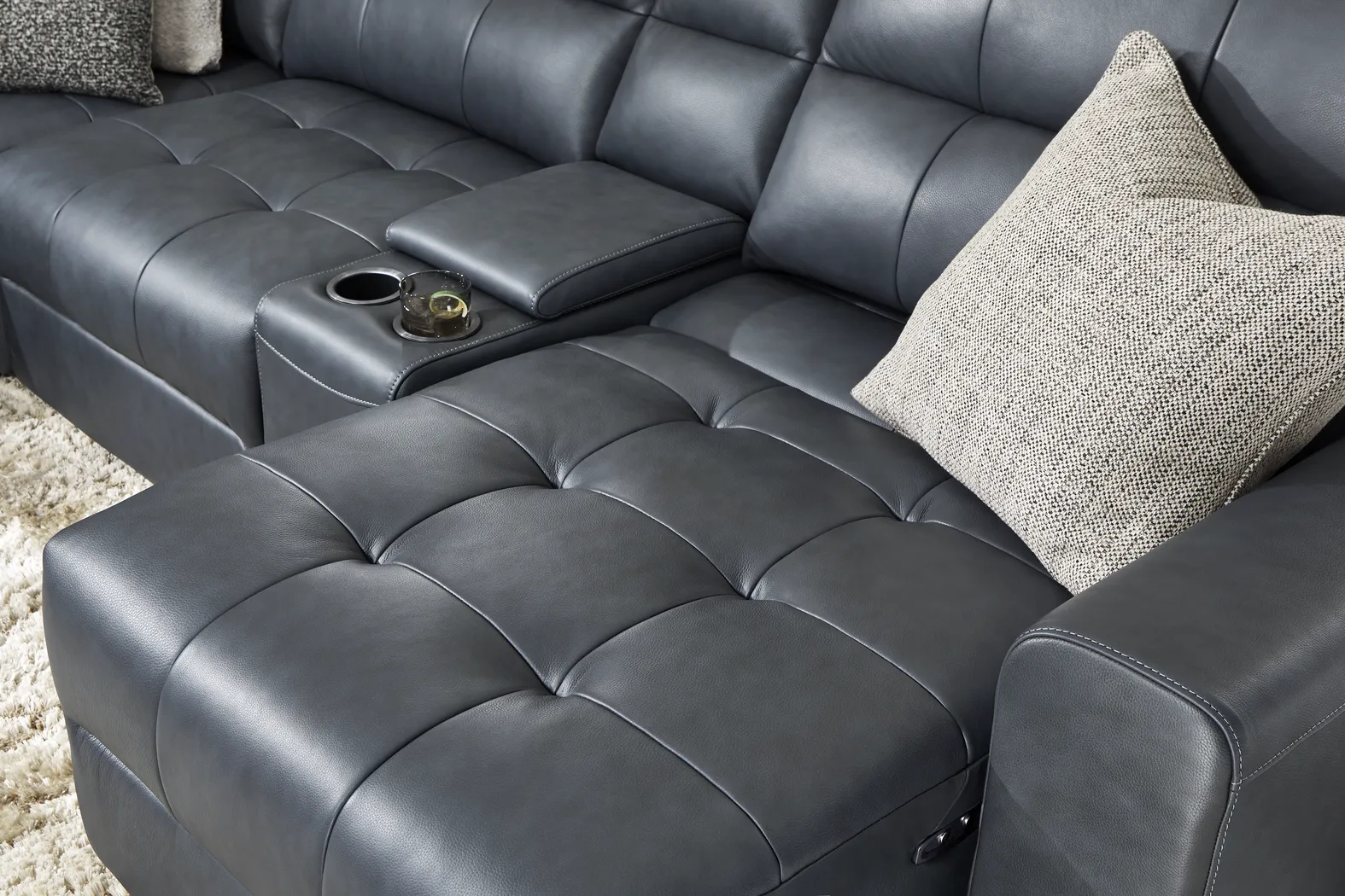 Meriwether Slate Blue Leather 7 Pc Power Slider Sectional - Image 7