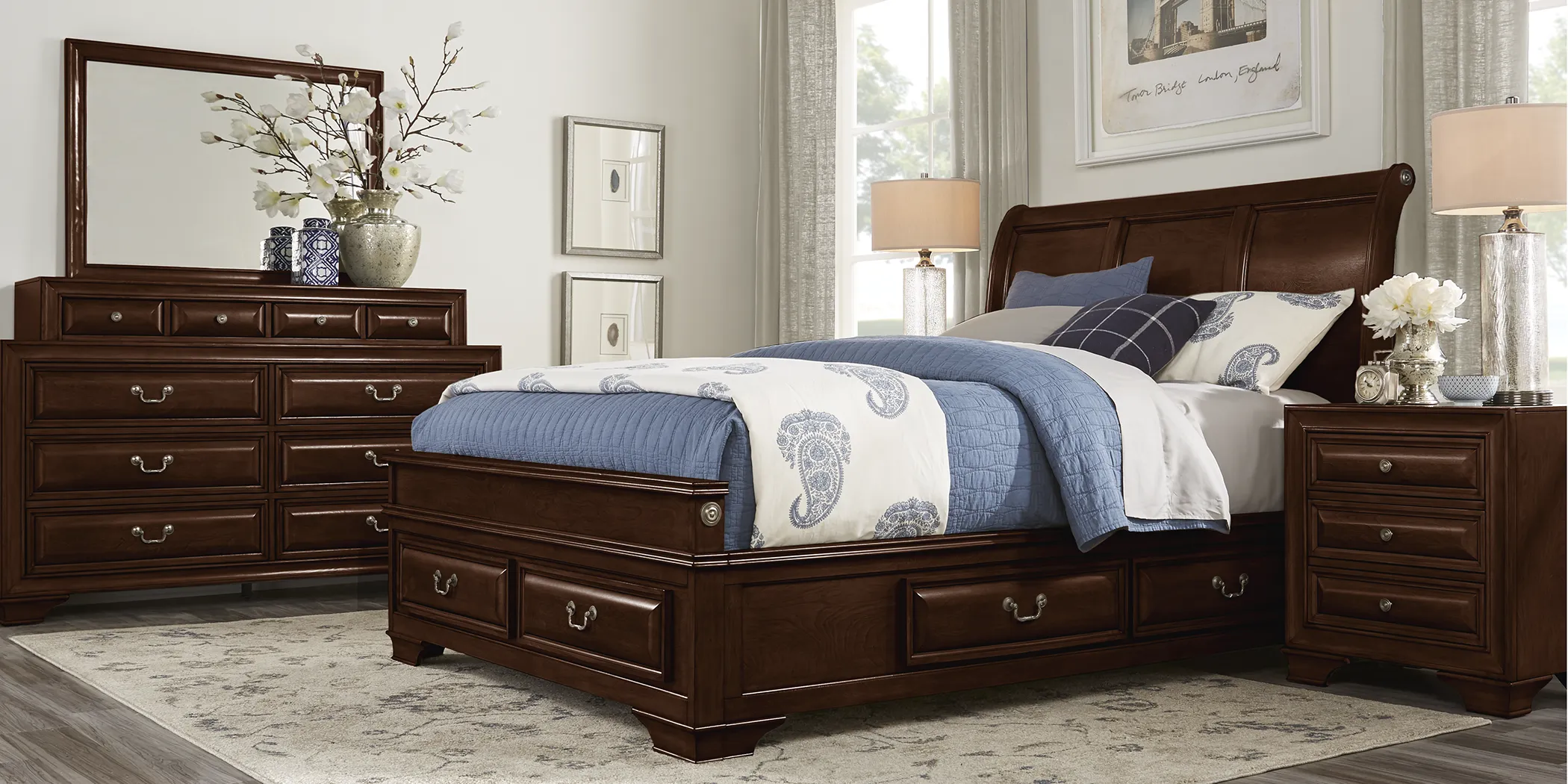 Mill Valley Cherry 8 Pc Queen Sleigh Bedroom with Storage - Thumbnail - Image 1