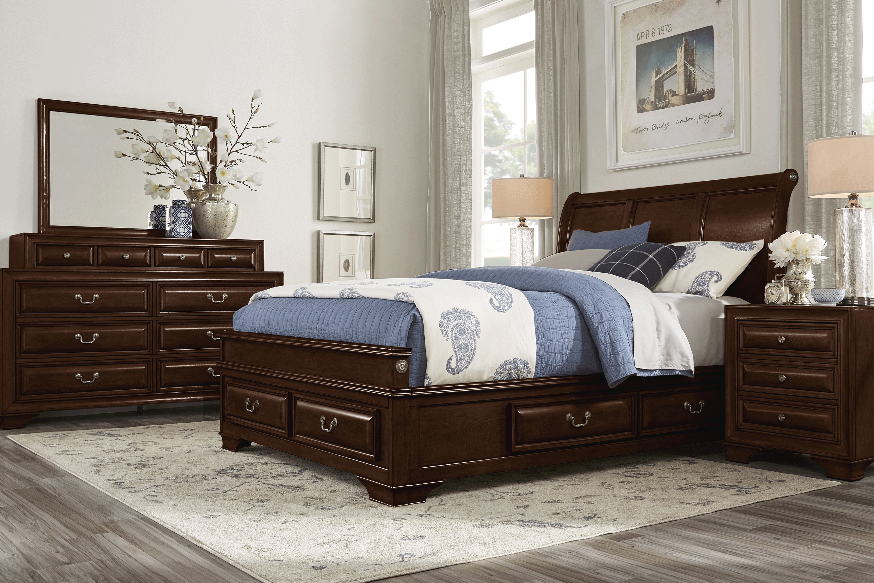 Mill Valley II Cherry 5 Pc King Sleigh Bedroom with Storage - Thumbnail - Image 1
