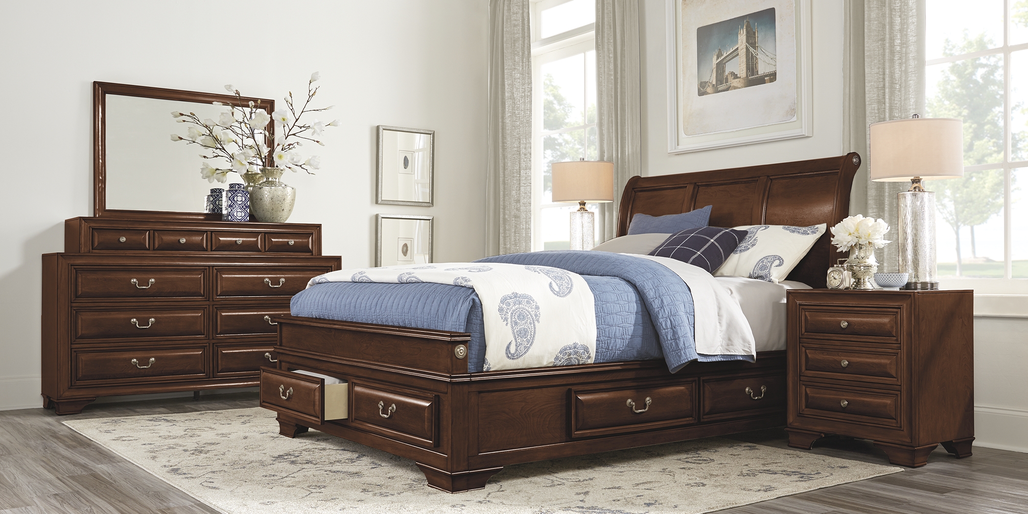 Mill Valley II Cherry 7 Pc Queen Sleigh Bedroom with Storage - Thumbnail - Image 2