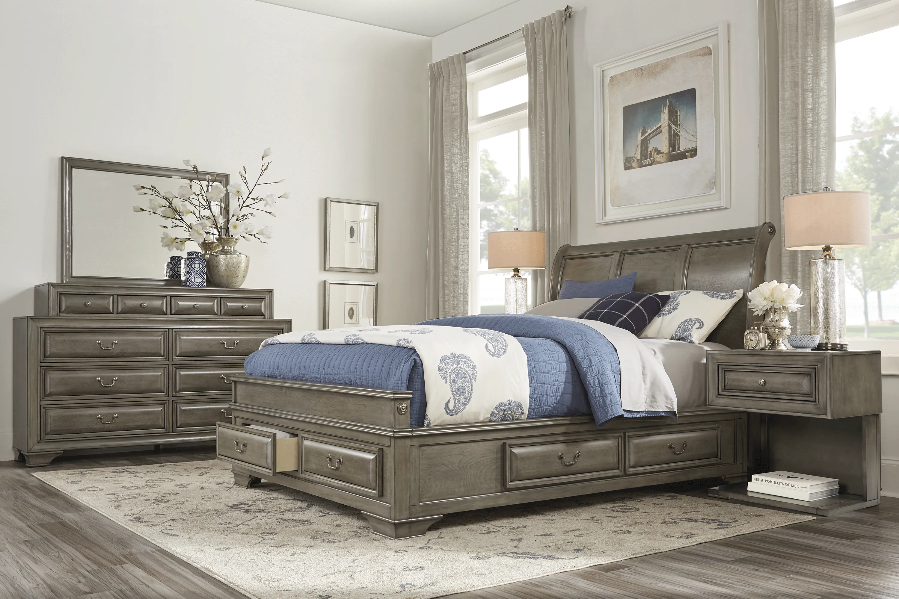 Mill Valley II Gray 6 Pc Queen Sleigh Bedroom with Storage - Thumbnail - Image 1