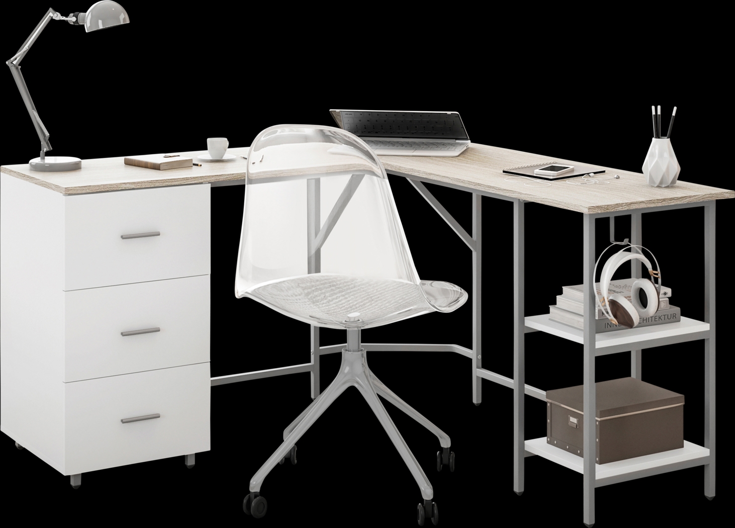 Milldes Beige L-Shaped Storage Desk - Thumbnail - Image 1