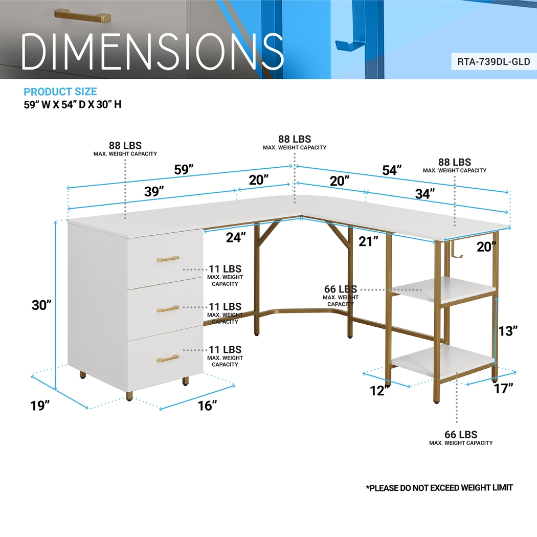 Milldes Gold L-Shaped Storage Desk - Thumbnail - Image 4
