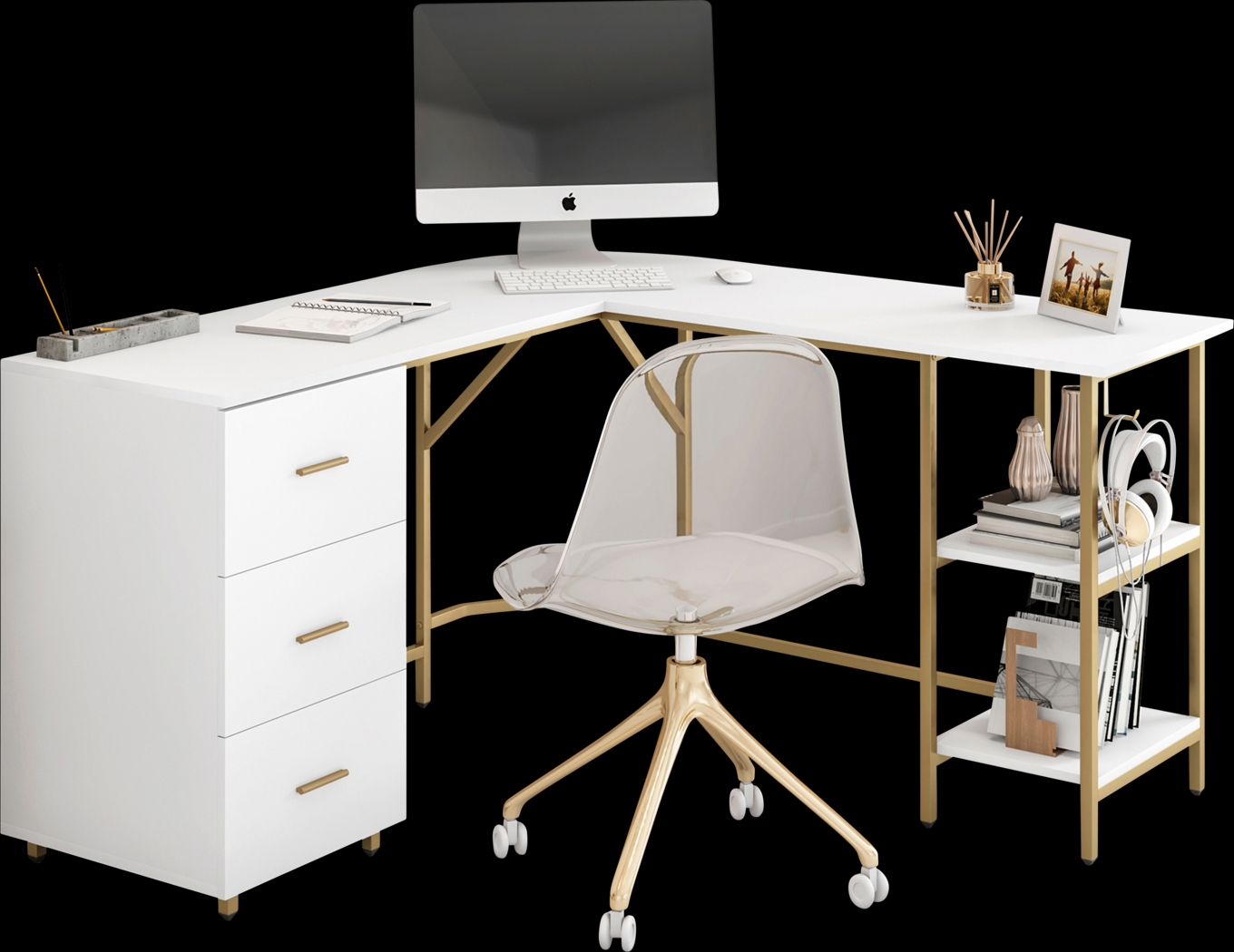 Milldes Gold L-Shaped Storage Desk - Thumbnail - Image 1