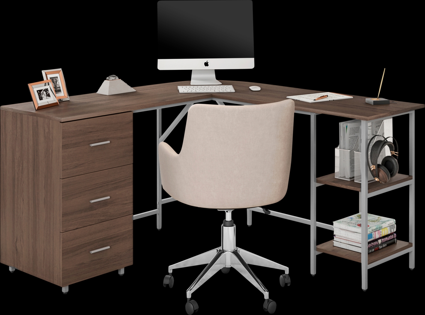 Milldes Walnut L-Shaped Storage Desk - Thumbnail - Image 1