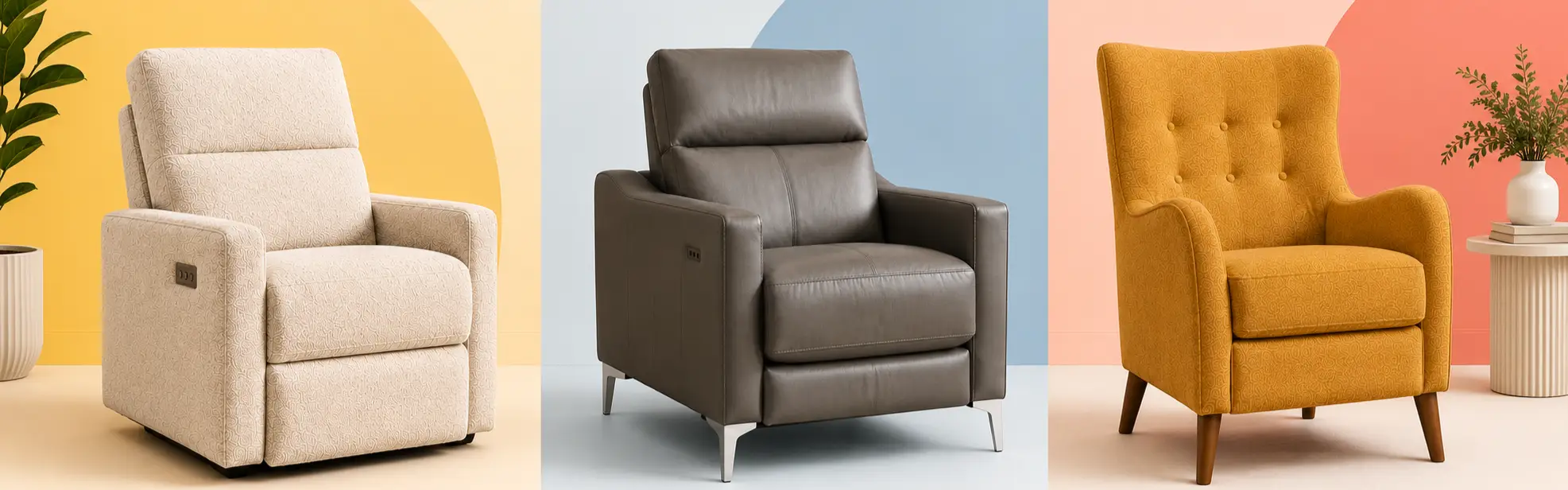 Three armchairs: a beige textured recliner, a grey leather recliner with metal legs, and a yellow tufted wingback chair.