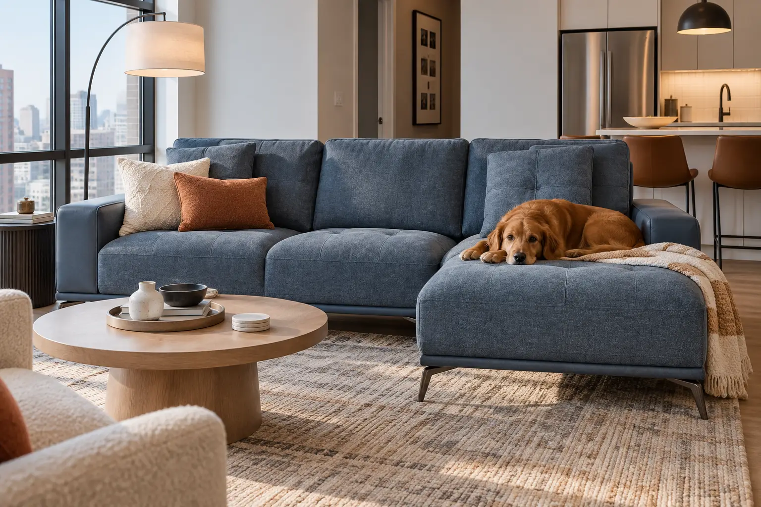 A blue sectional sofa with a golden retriever lying on the chaise, positioned in a modern living room with a coffee table.