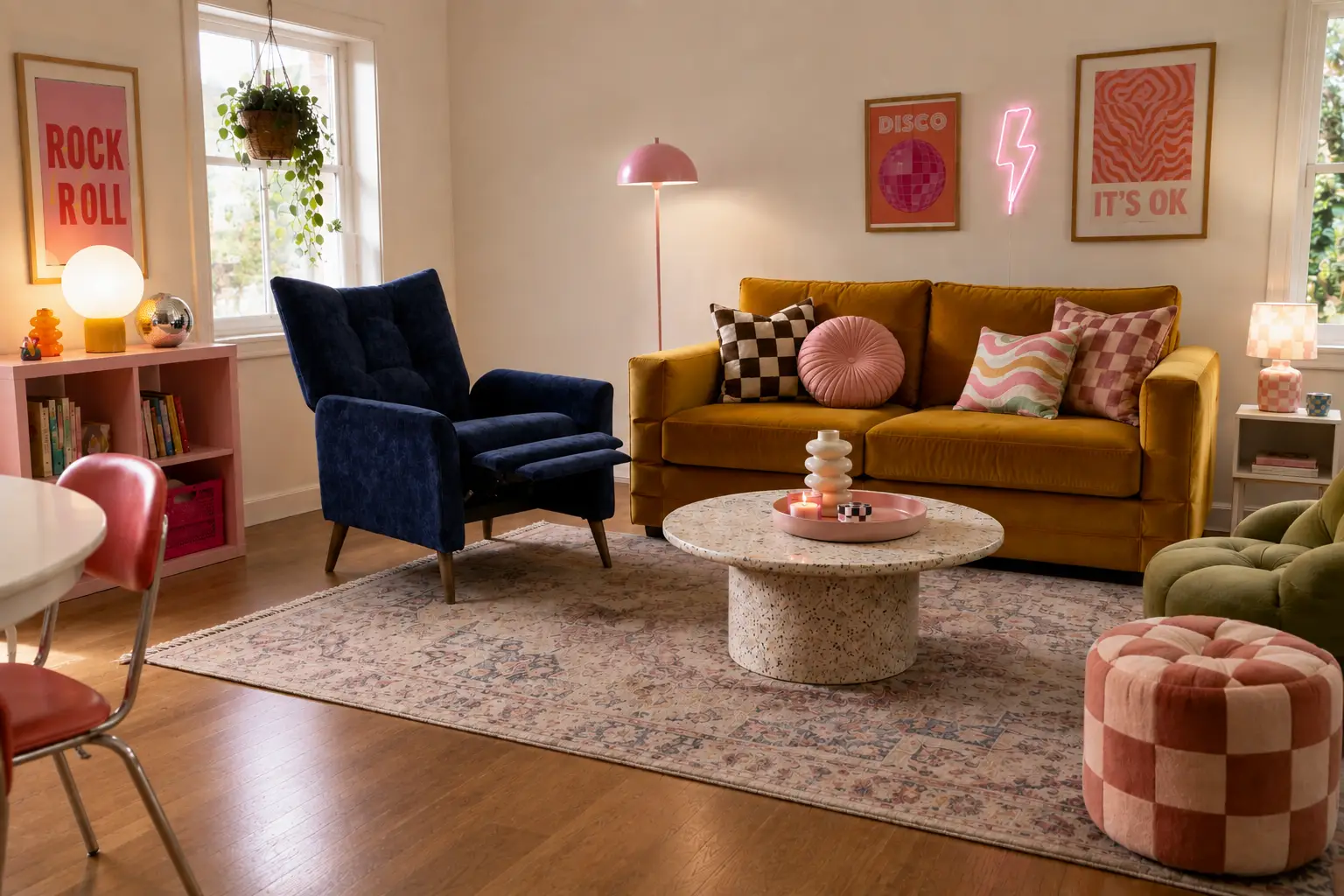 A vibrant living room featuring a mustard yellow sofa, a blue recliner, a terrazzo coffee table, and eclectic decor.