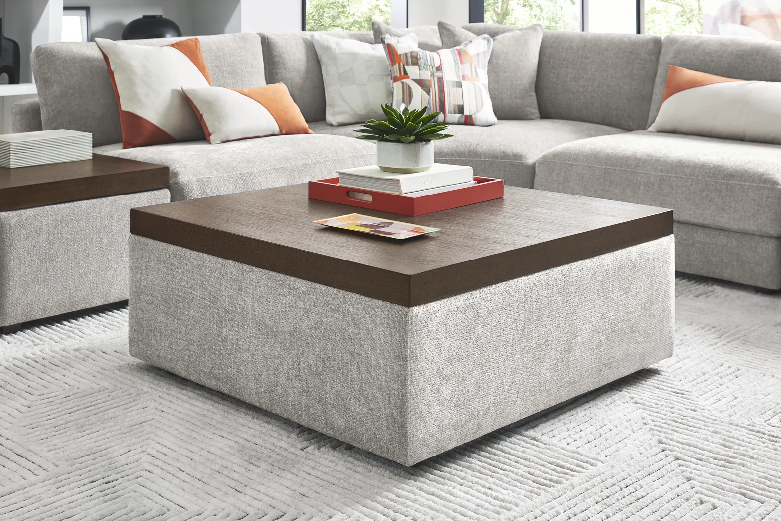 ModularThree Chestnut Finish Wood Top Gray Cocktail Ottoman - Image 4